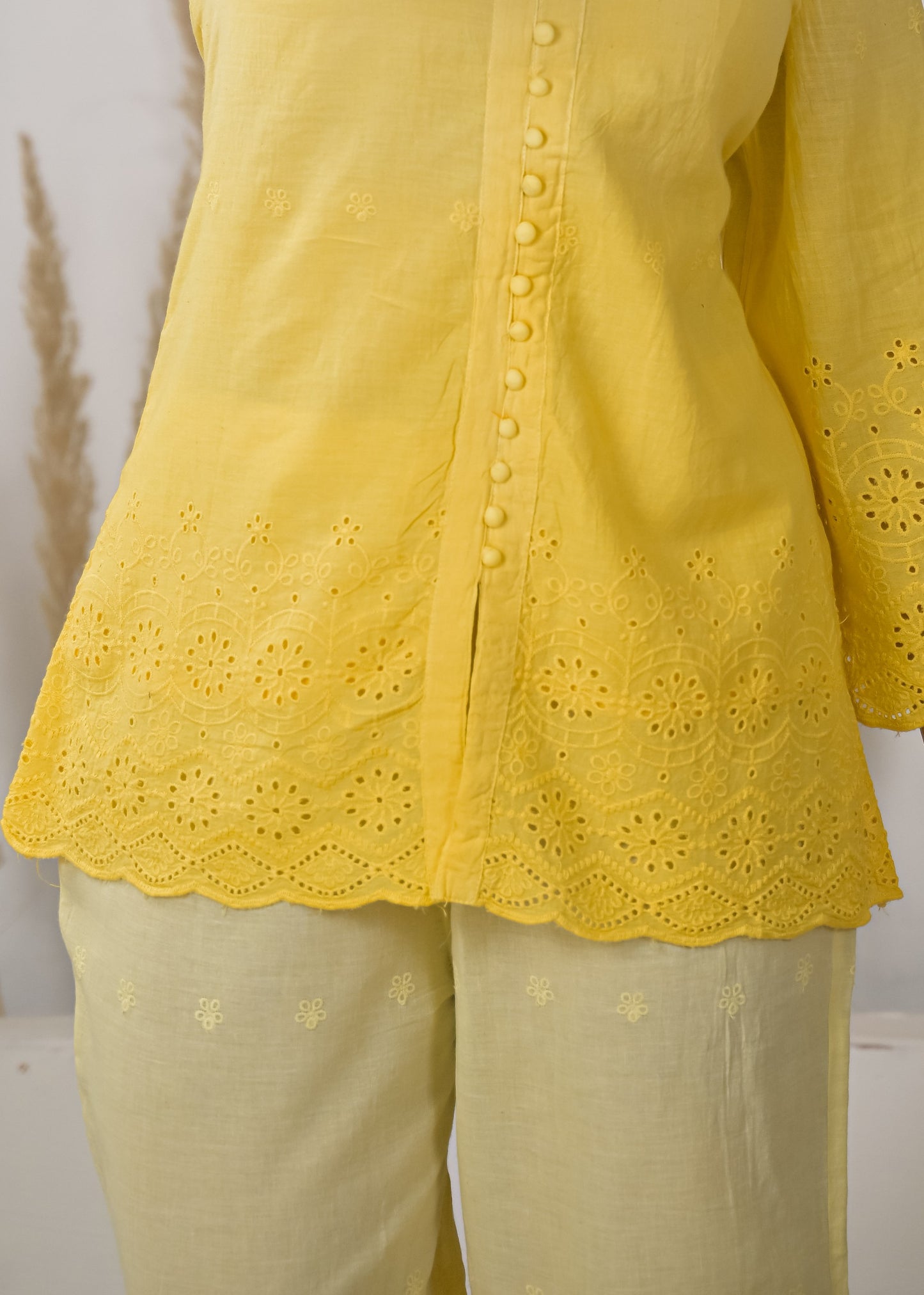 Women's Solid Lemon Yellow Rayon Short Kurti with Straight Pants Co-ord Set