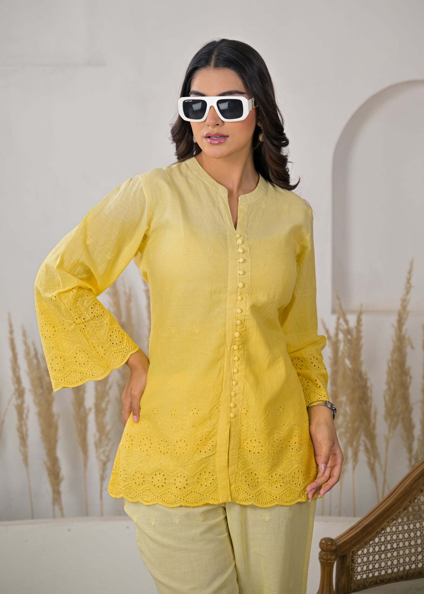 Women's Solid Lemon Yellow Rayon Short Kurti with Straight Pants Co-ord Set