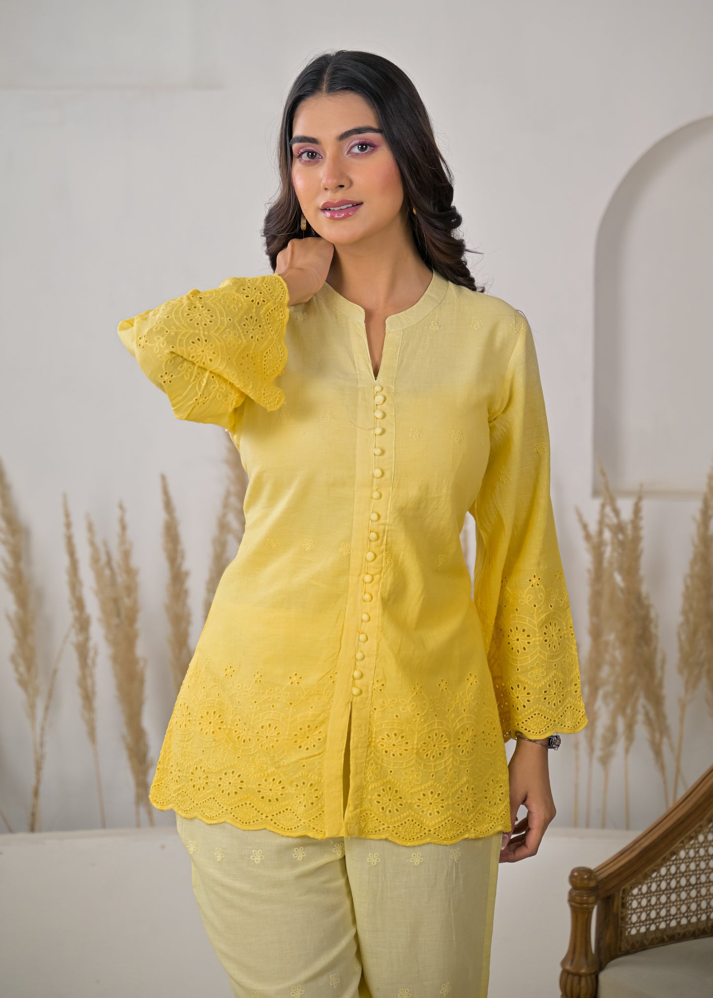 Women's Solid Lemon Yellow Rayon Short Kurti with Straight Pants Co-ord Set