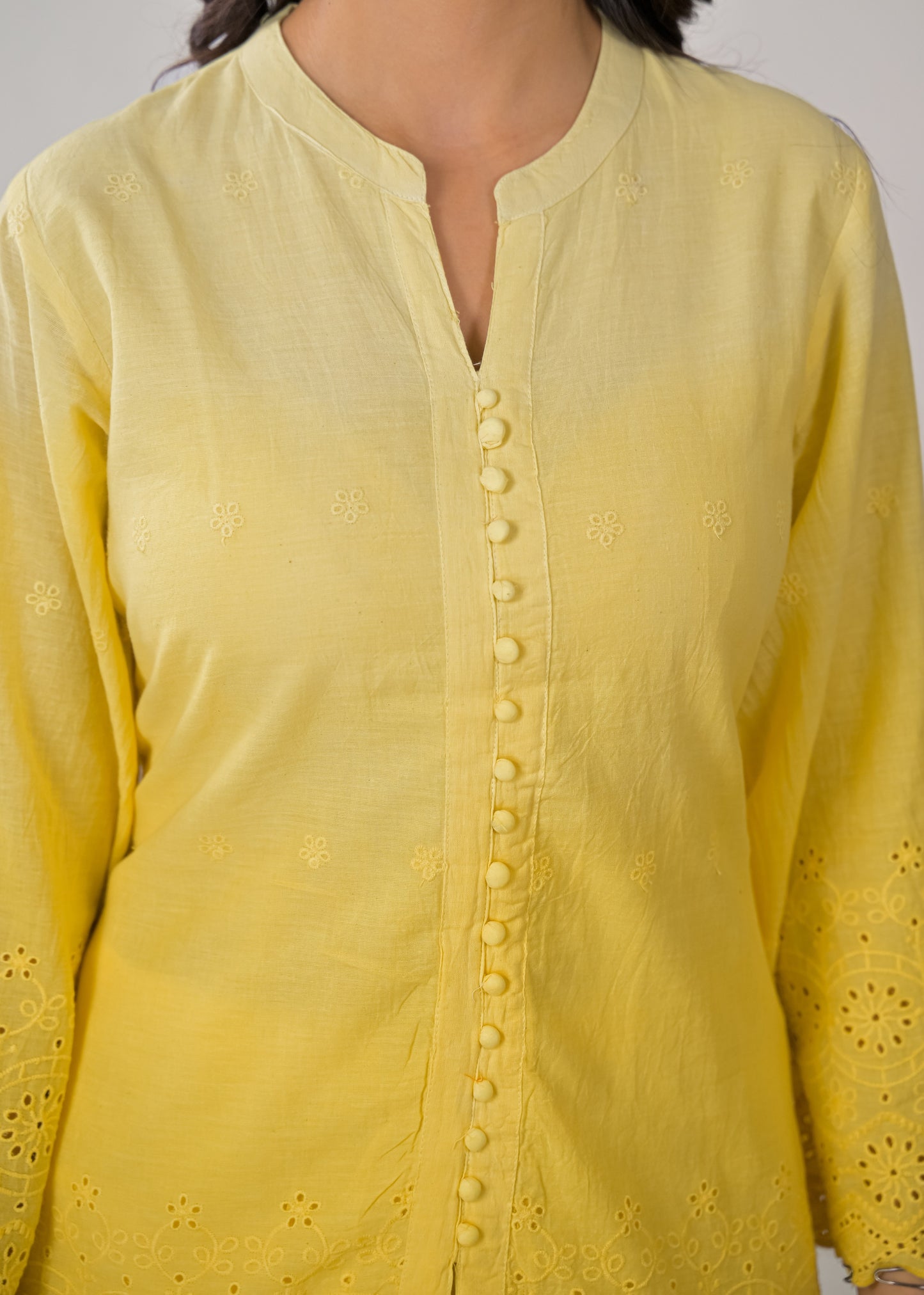 Women's Solid Lemon Yellow Rayon Short Kurti with Straight Pants Co-ord Set