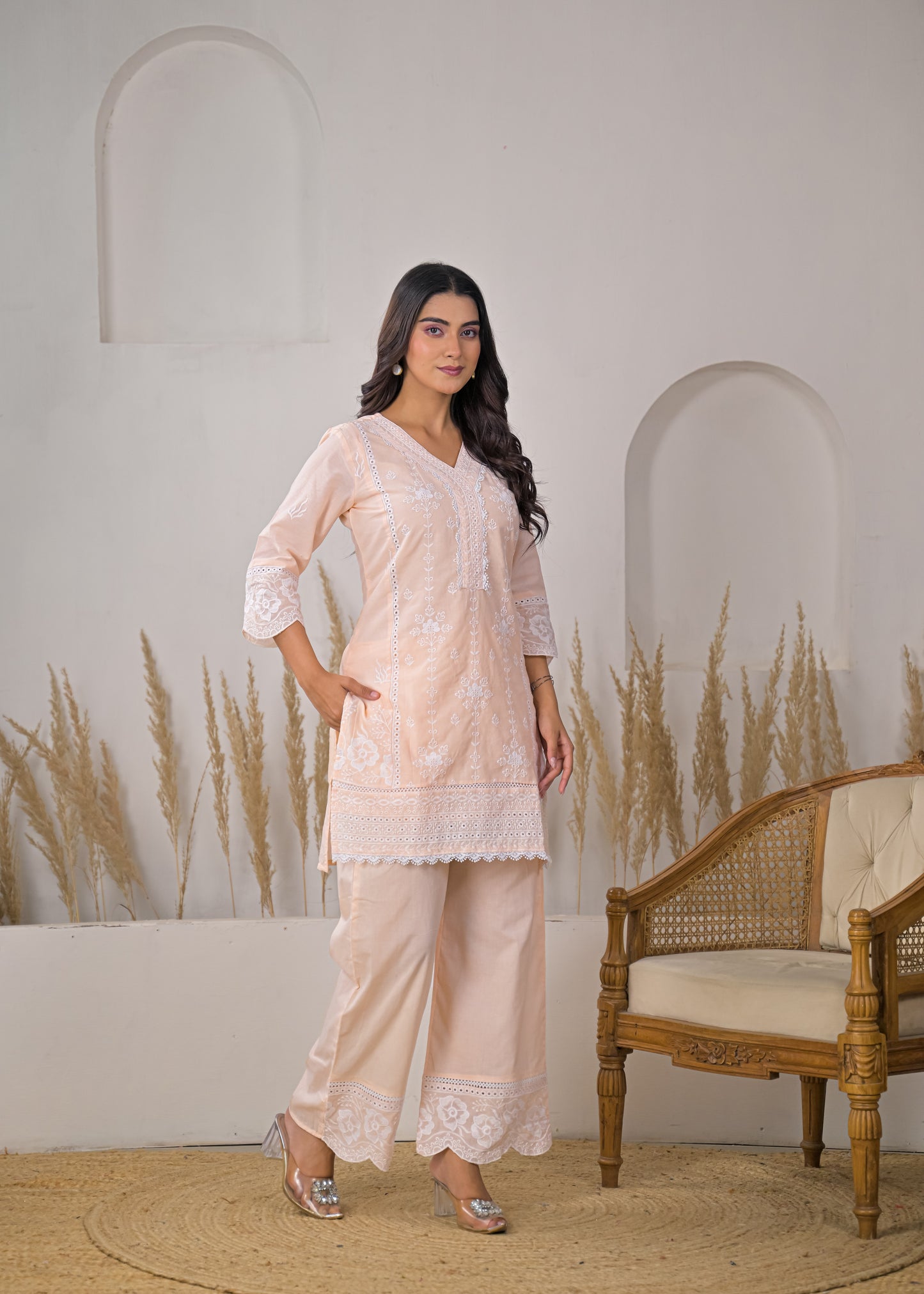 Women's Light Pink Embroidered V-Neck Straight Short Kurti with Palazzo Set