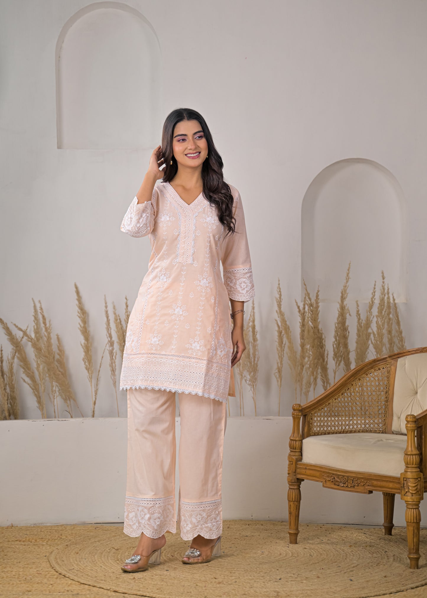 Women's Light Pink Embroidered V-Neck Straight Short Kurti with Palazzo Set
