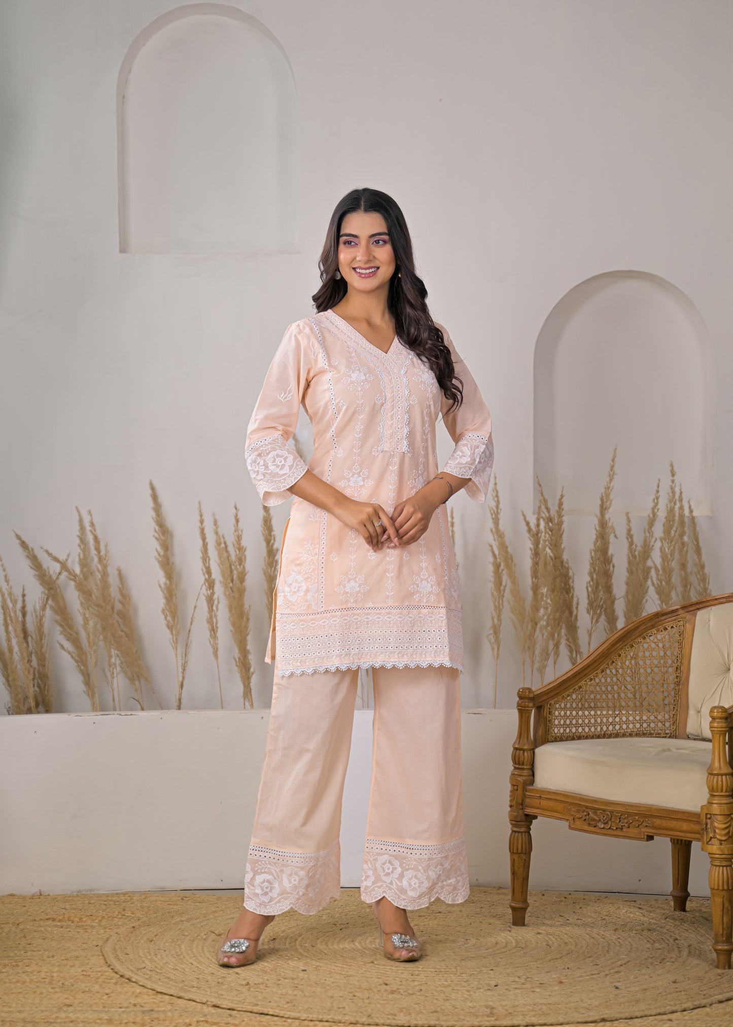 Women's Light Pink Embroidered V-Neck Straight Short Kurti with Palazzo Set