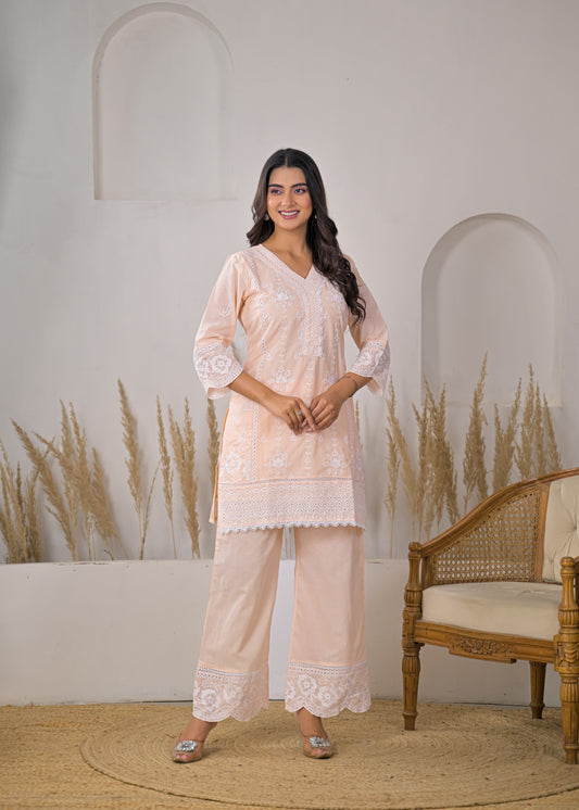 Women's Light Pink Embroidered V-Neck Straight Short Kurti with Palazzo Set