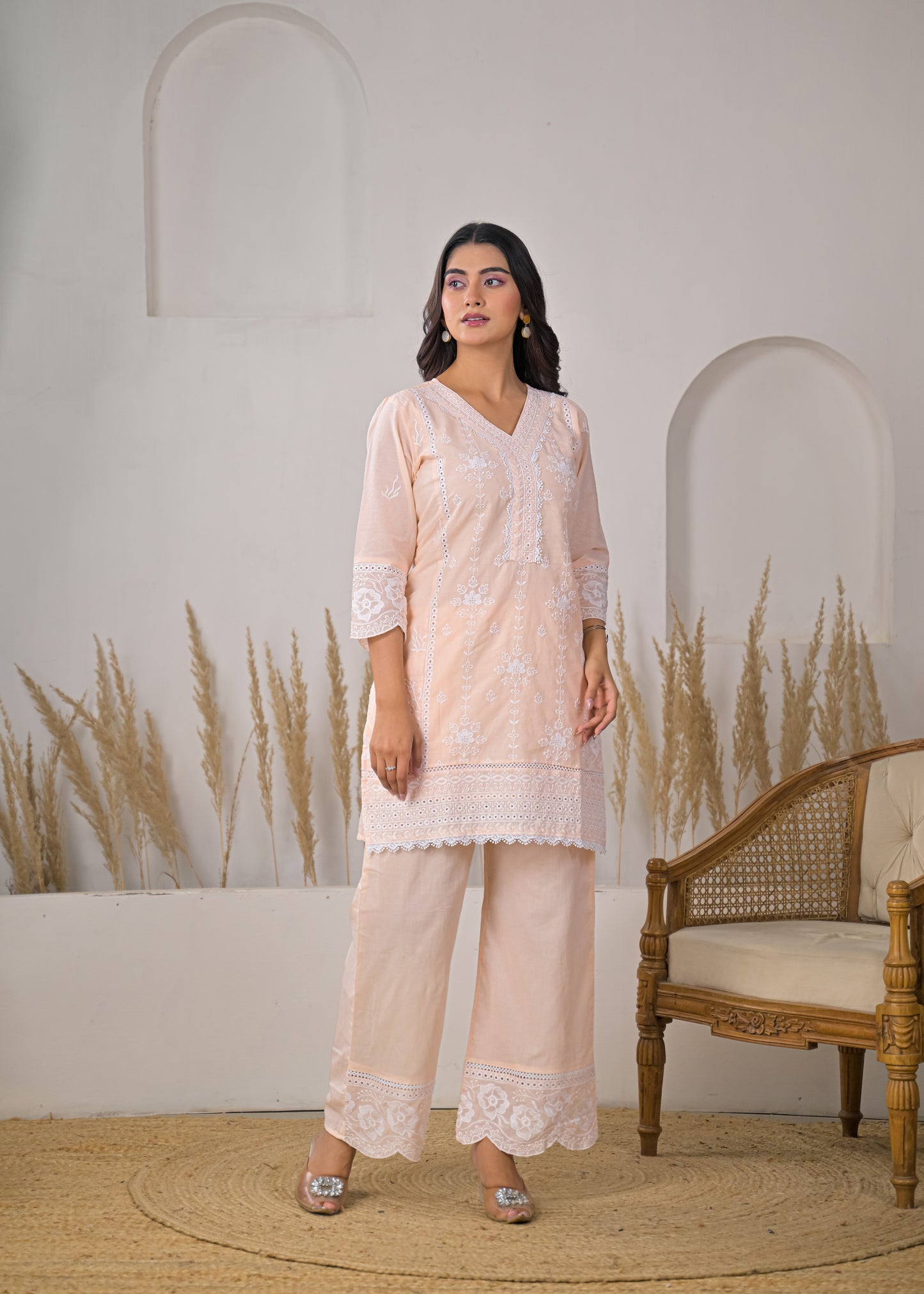 Women's Light Pink Embroidered V-Neck Straight Short Kurti with Palazzo Set