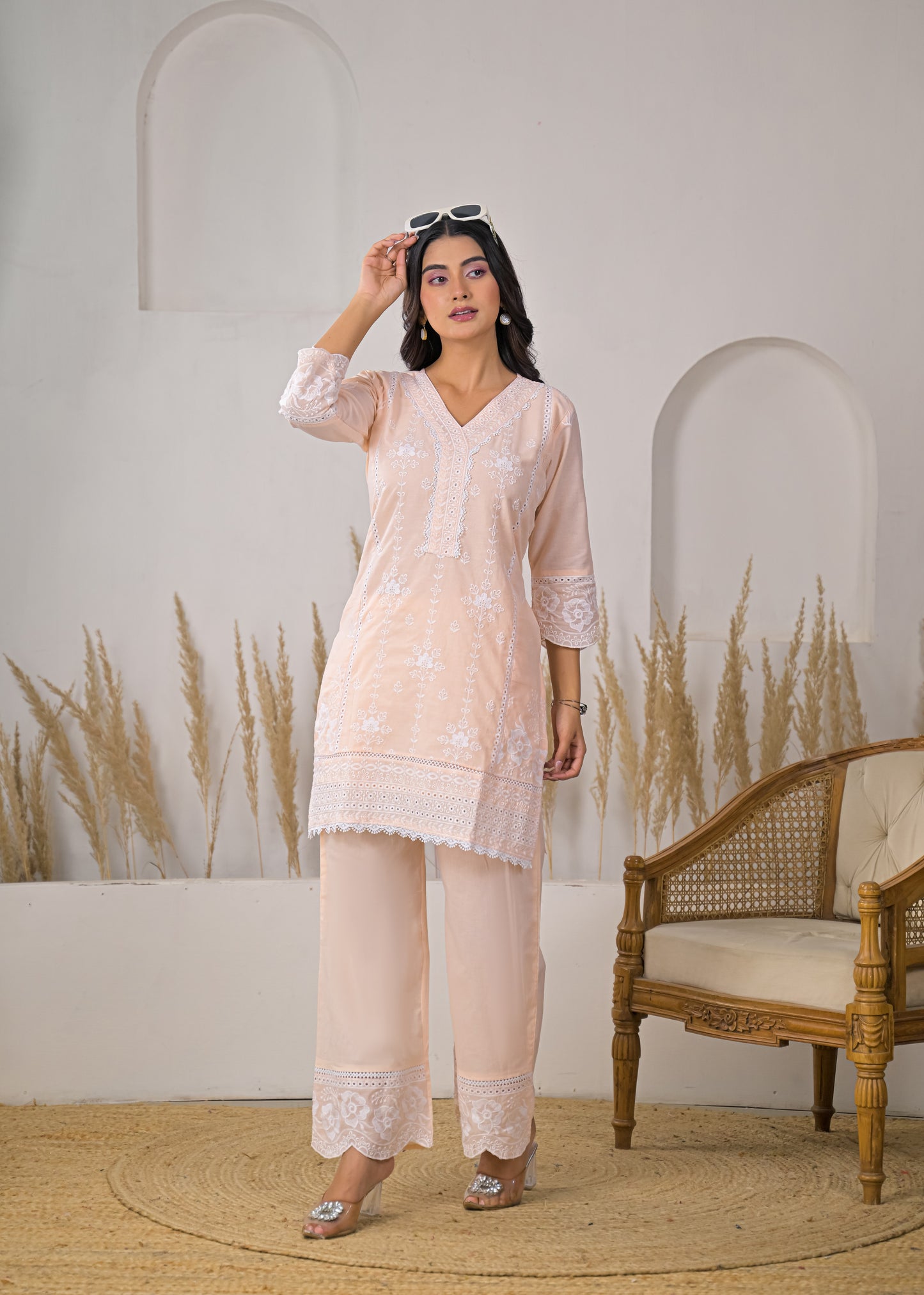 Women's Light Pink Embroidered V-Neck Straight Short Kurti with Palazzo Set