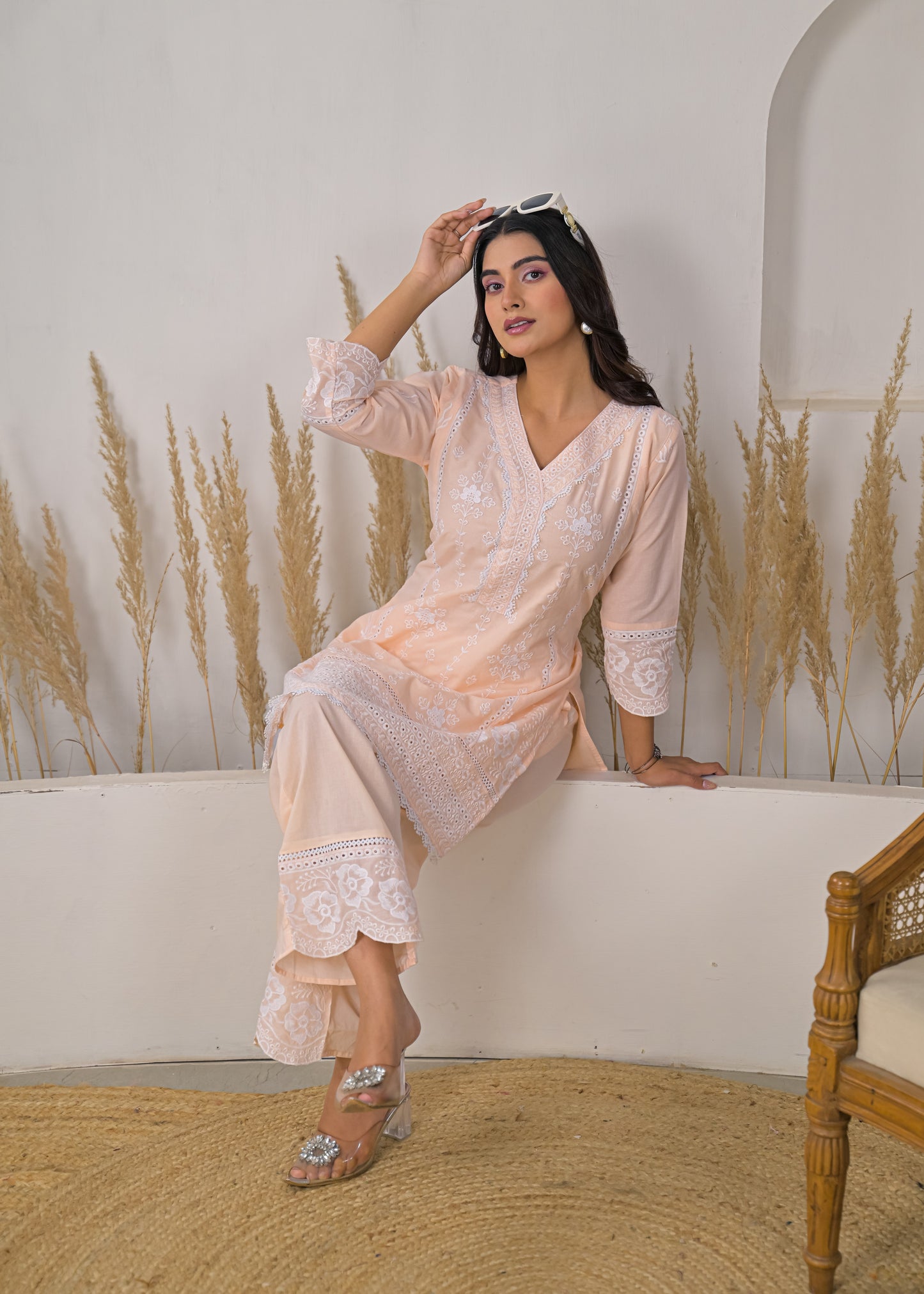 Women's Light Pink Embroidered V-Neck Straight Short Kurti with Palazzo Set