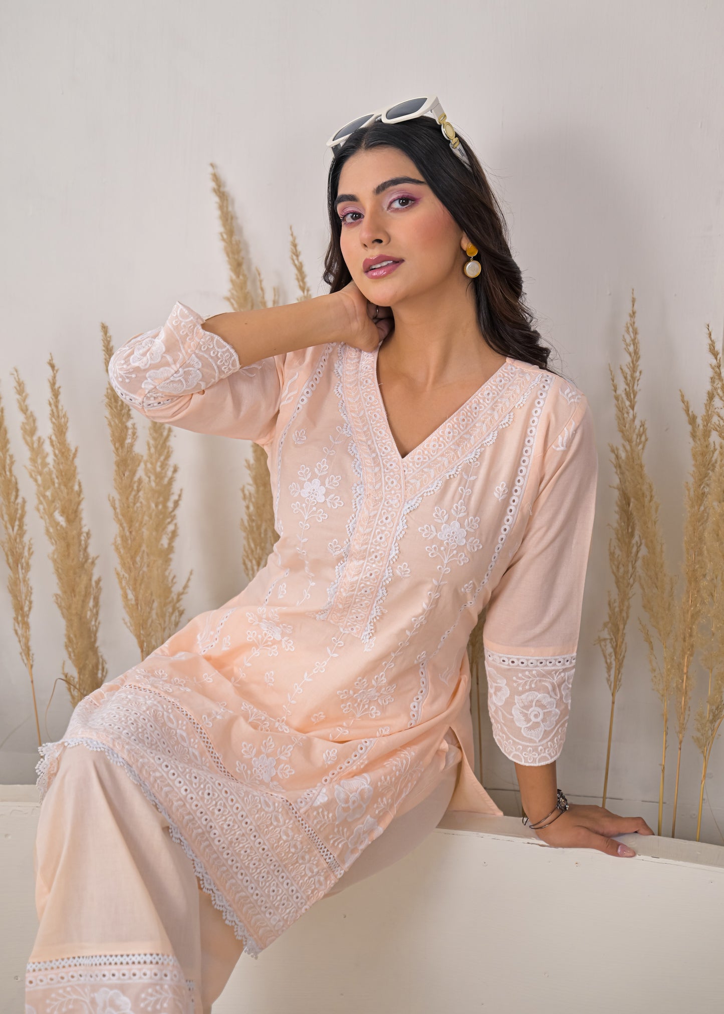Women's Light Pink Embroidered V-Neck Straight Short Kurti with Palazzo Set