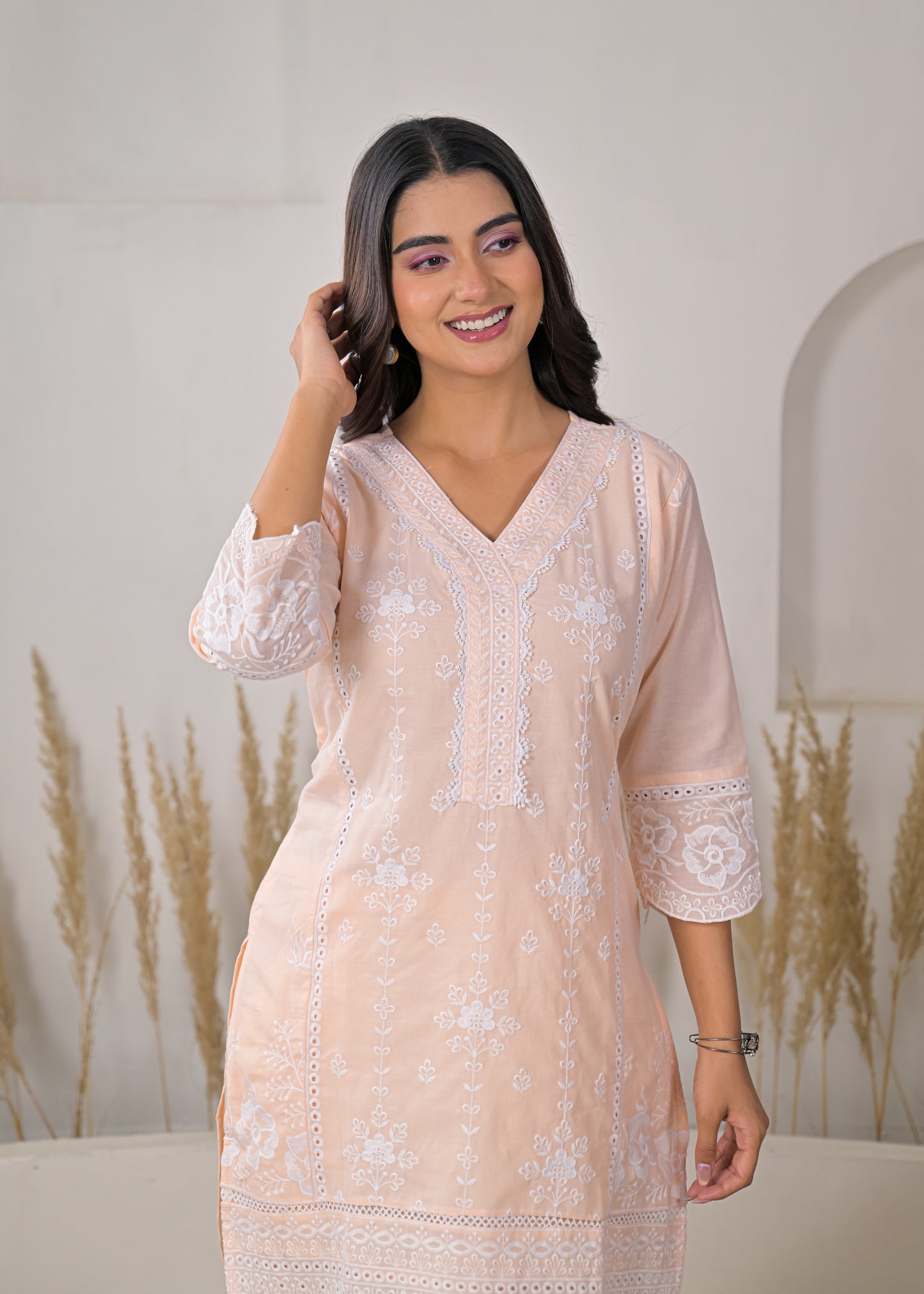 Women's Light Pink Embroidered V-Neck Straight Short Kurti with Palazzo Set