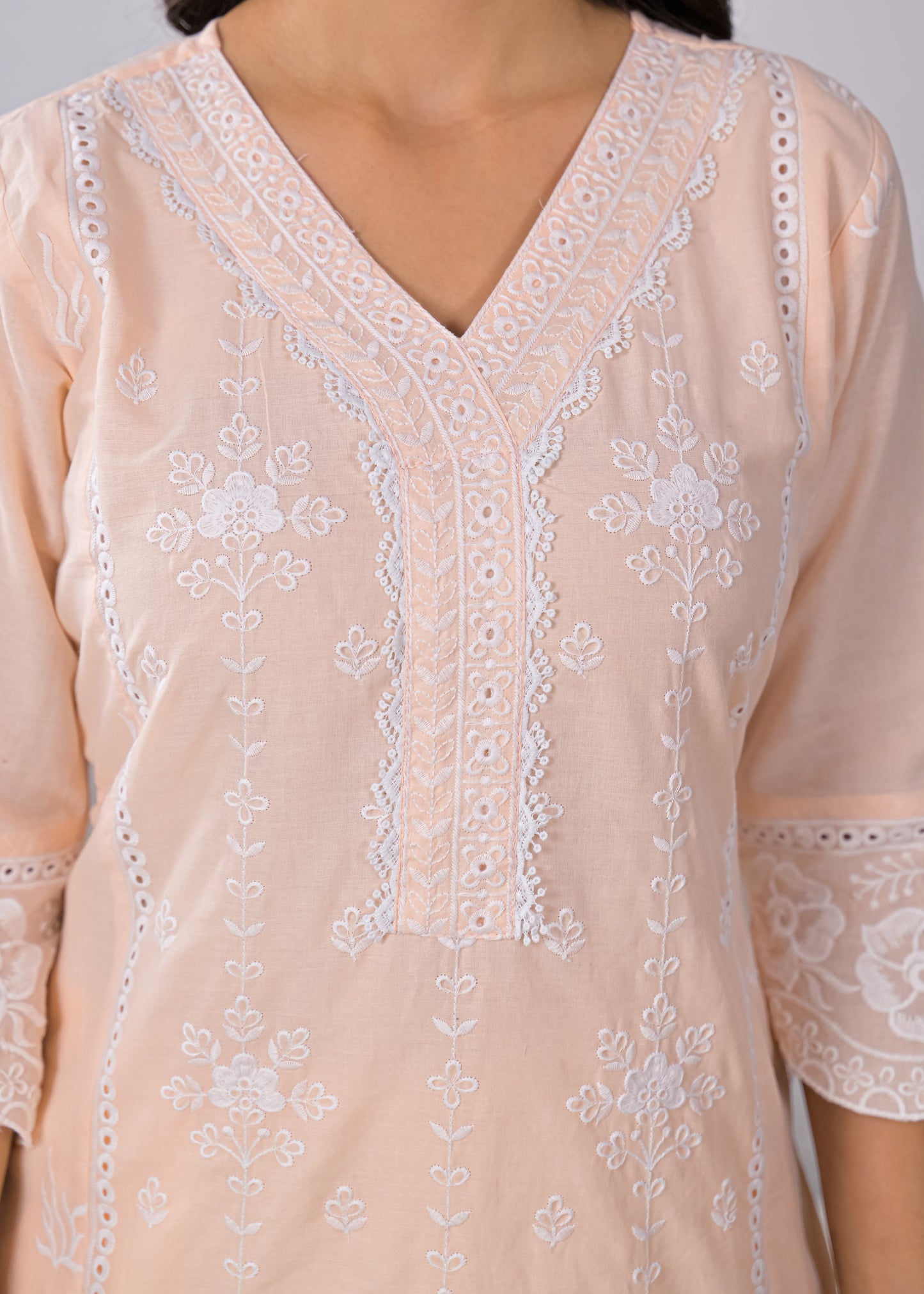 Women's Light Pink Embroidered V-Neck Straight Short Kurti with Palazzo Set
