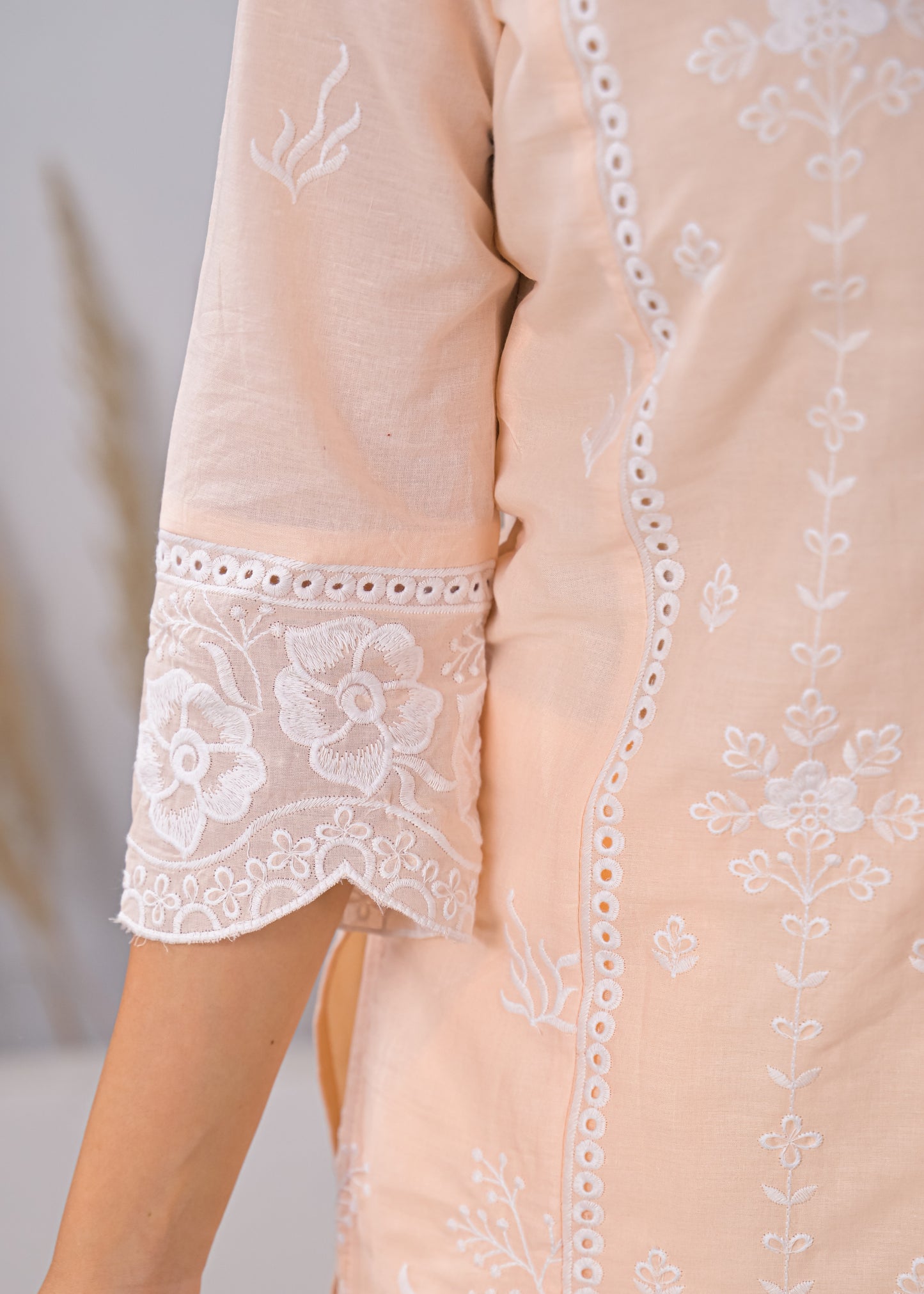 Women's Light Pink Embroidered V-Neck Straight Short Kurti with Palazzo Set