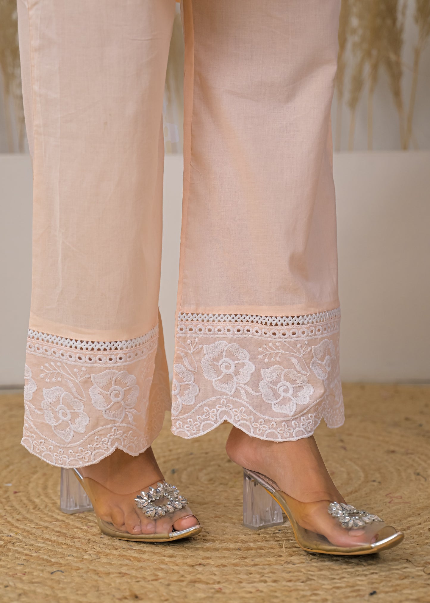 Women's Light Pink Embroidered V-Neck Straight Short Kurti with Palazzo Set