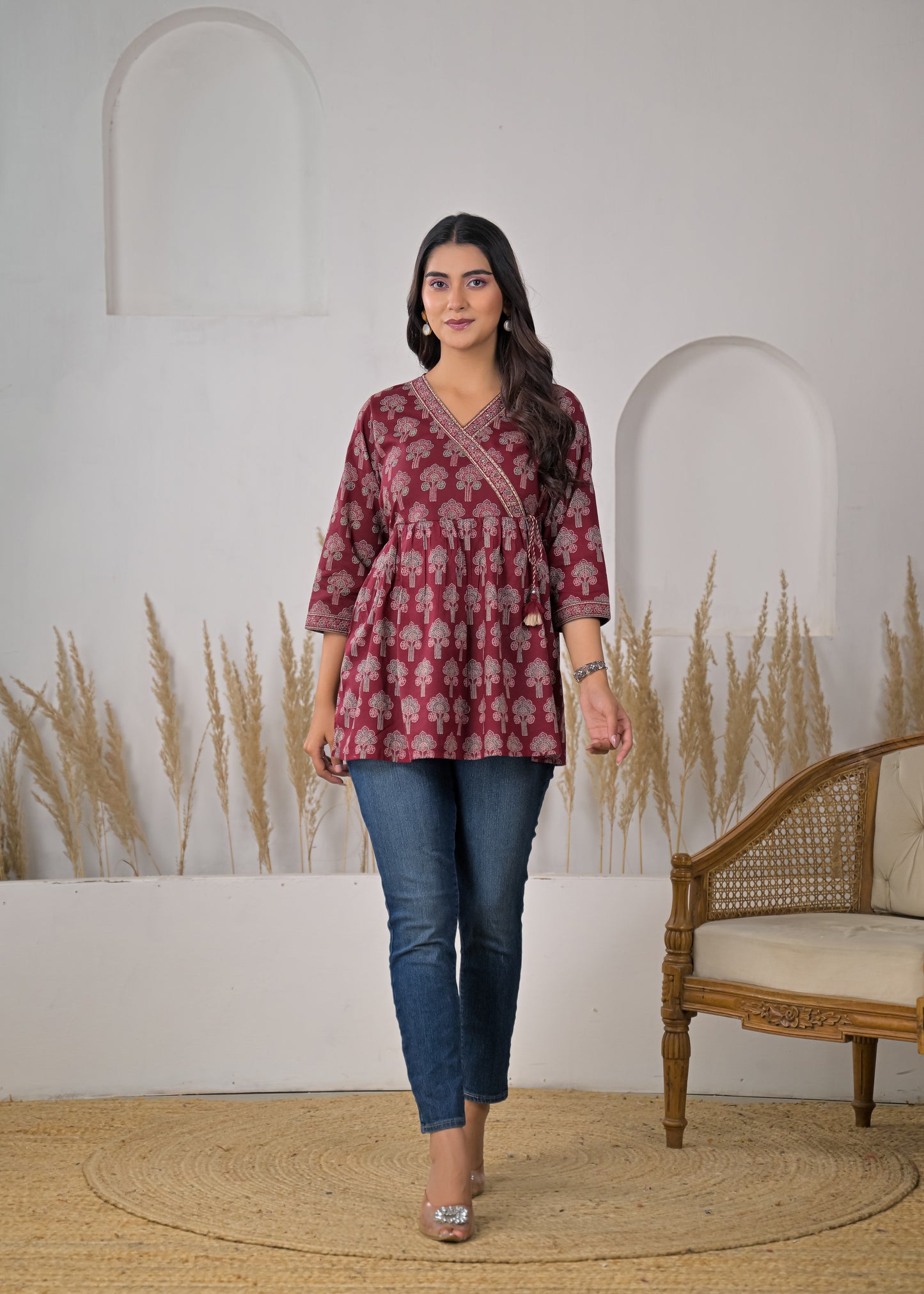 Women's Maroon Floral Print Wrap Style Short Kurti