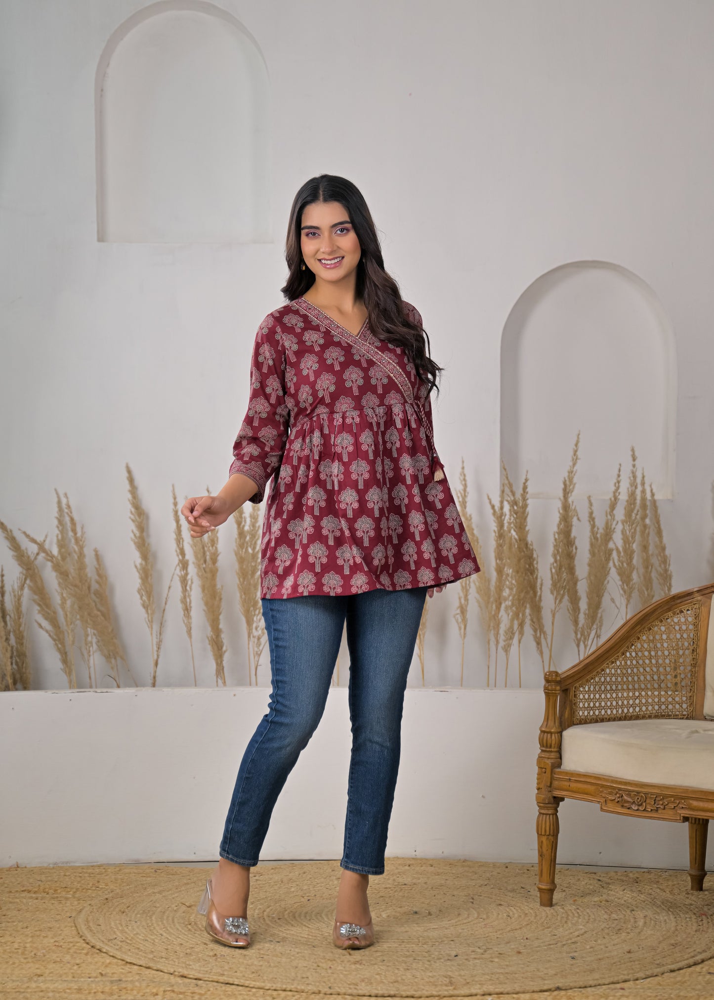 Women's Maroon Floral Print Wrap Style Short Kurti