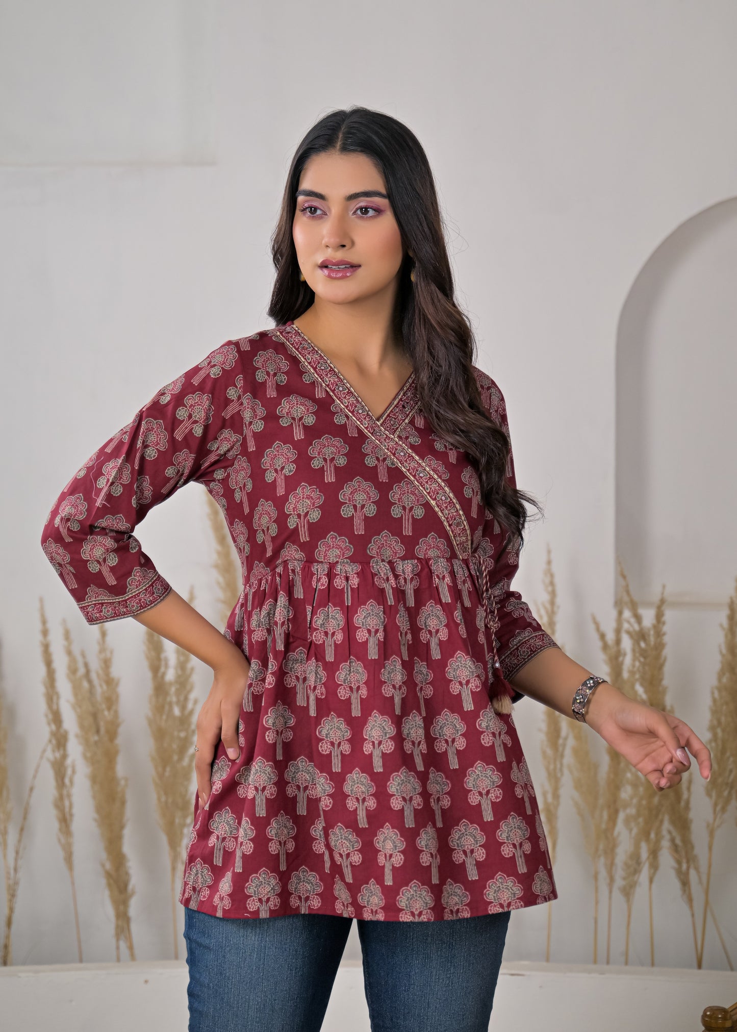 Women's Maroon Floral Print Wrap Style Short Kurti