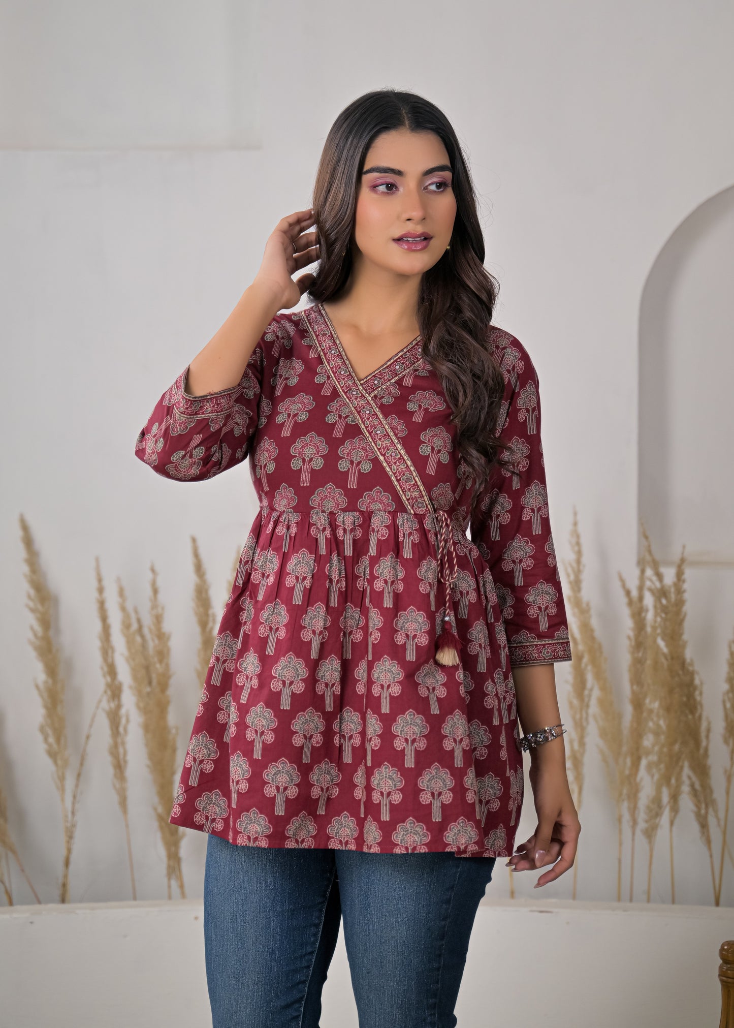 Women's Maroon Floral Print Wrap Style Short Kurti