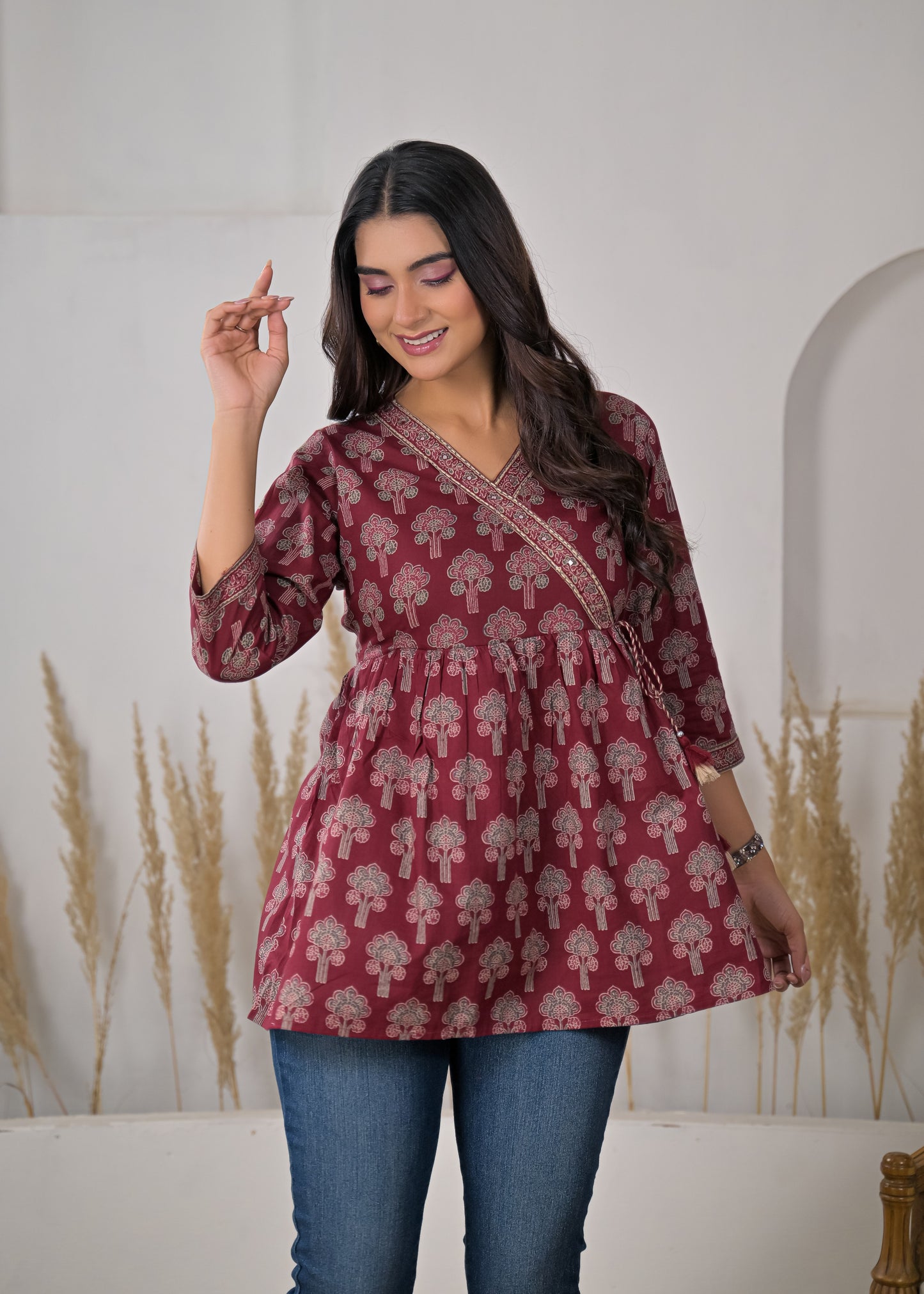 Women's Maroon Floral Print Wrap Style Short Kurti