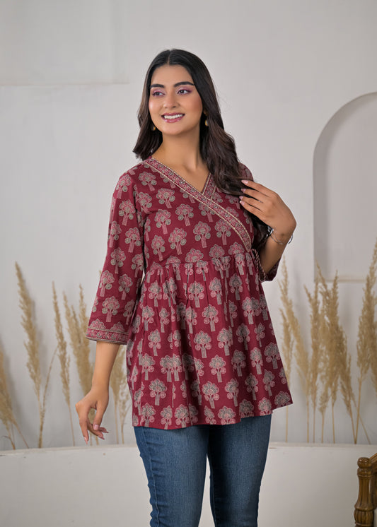 Women's Maroon Floral Print Wrap Style Short Kurti
