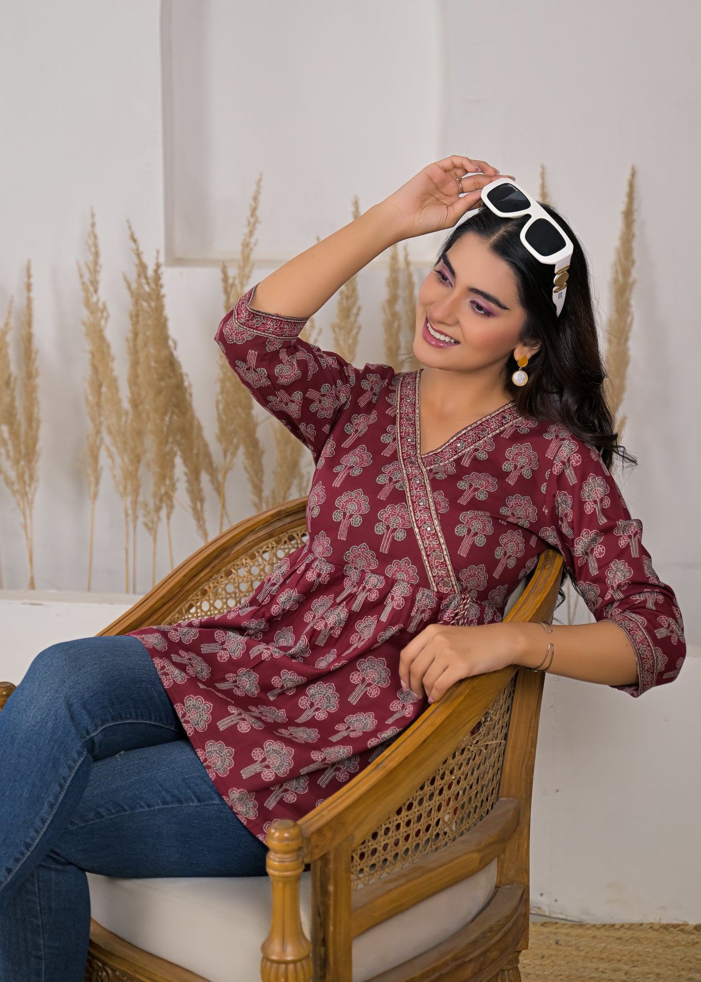 Women's Maroon Floral Print Wrap Style Short Kurti