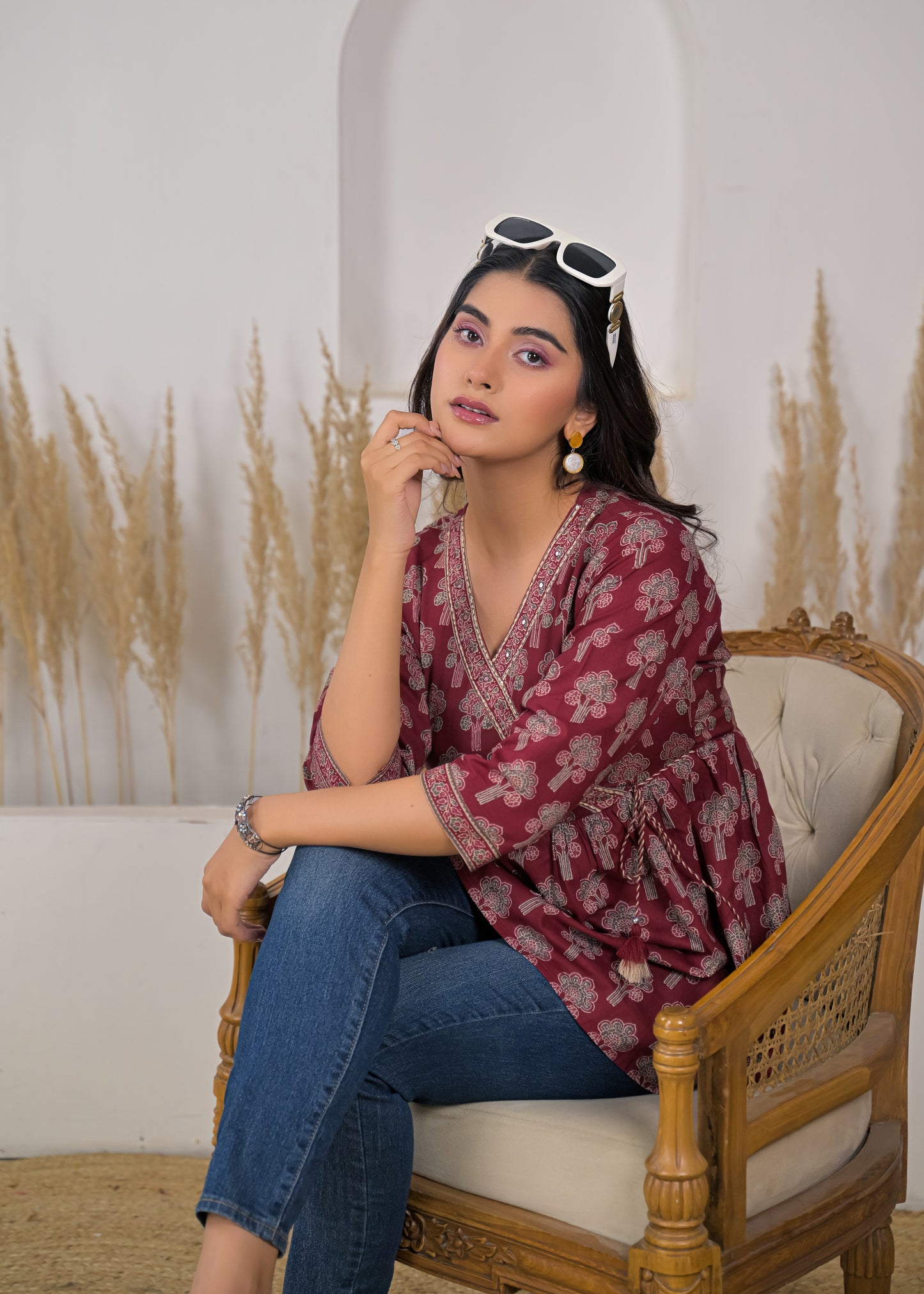 Women's Maroon Floral Print Wrap Style Short Kurti