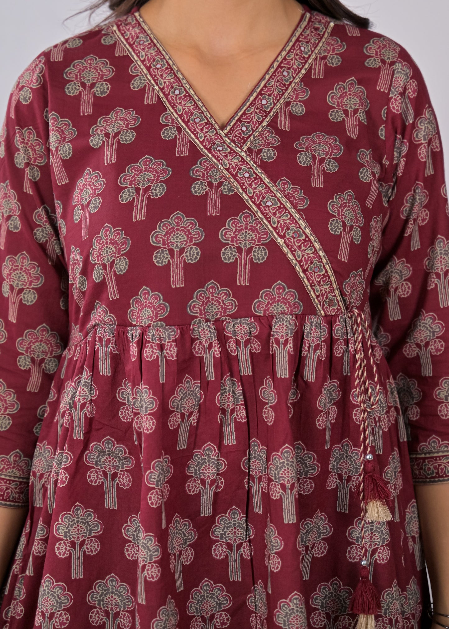 Women's Maroon Floral Print Wrap Style Short Kurti