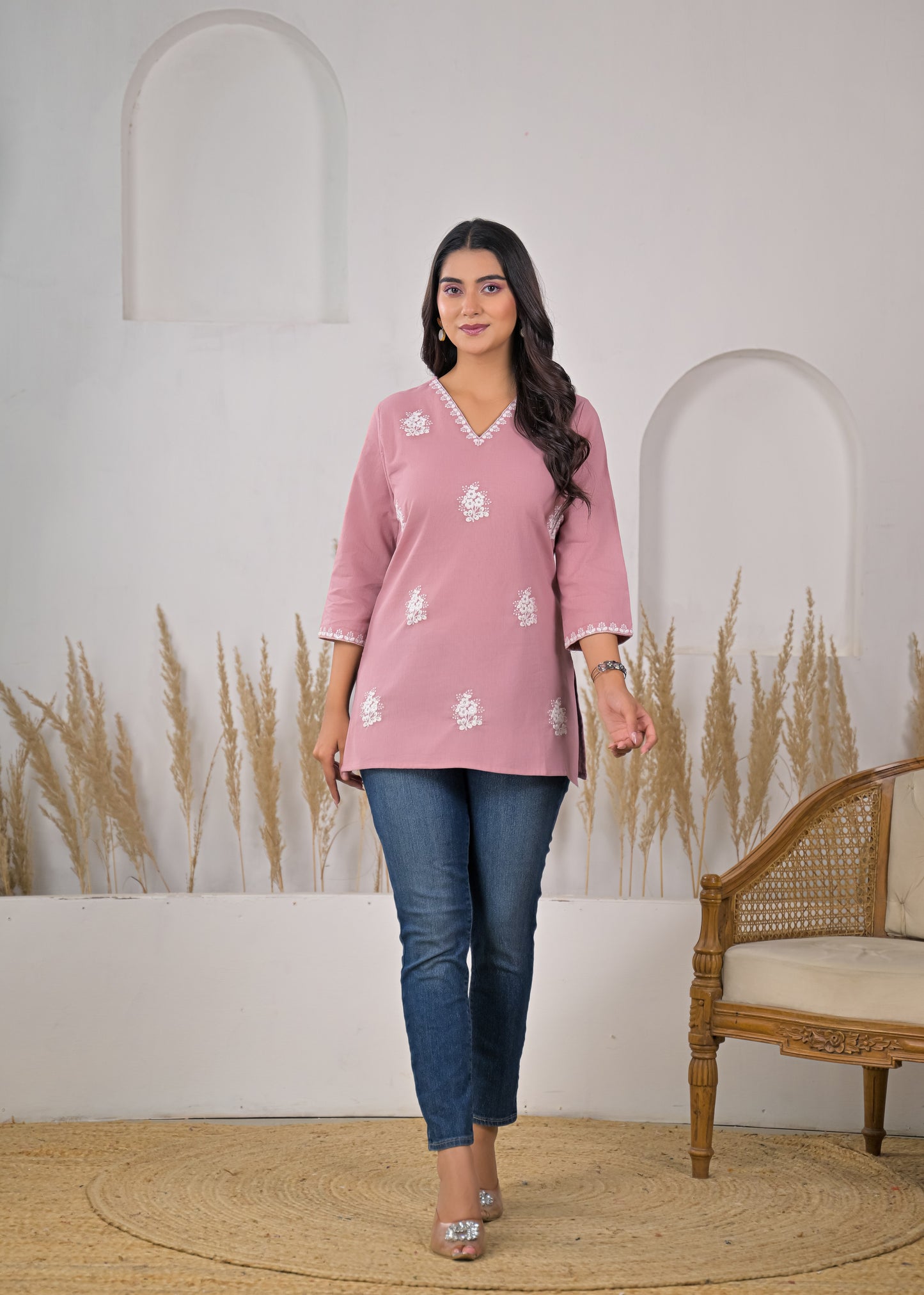 Women's Dusty Pink Floral Embroidered V-Neck Short Kurti