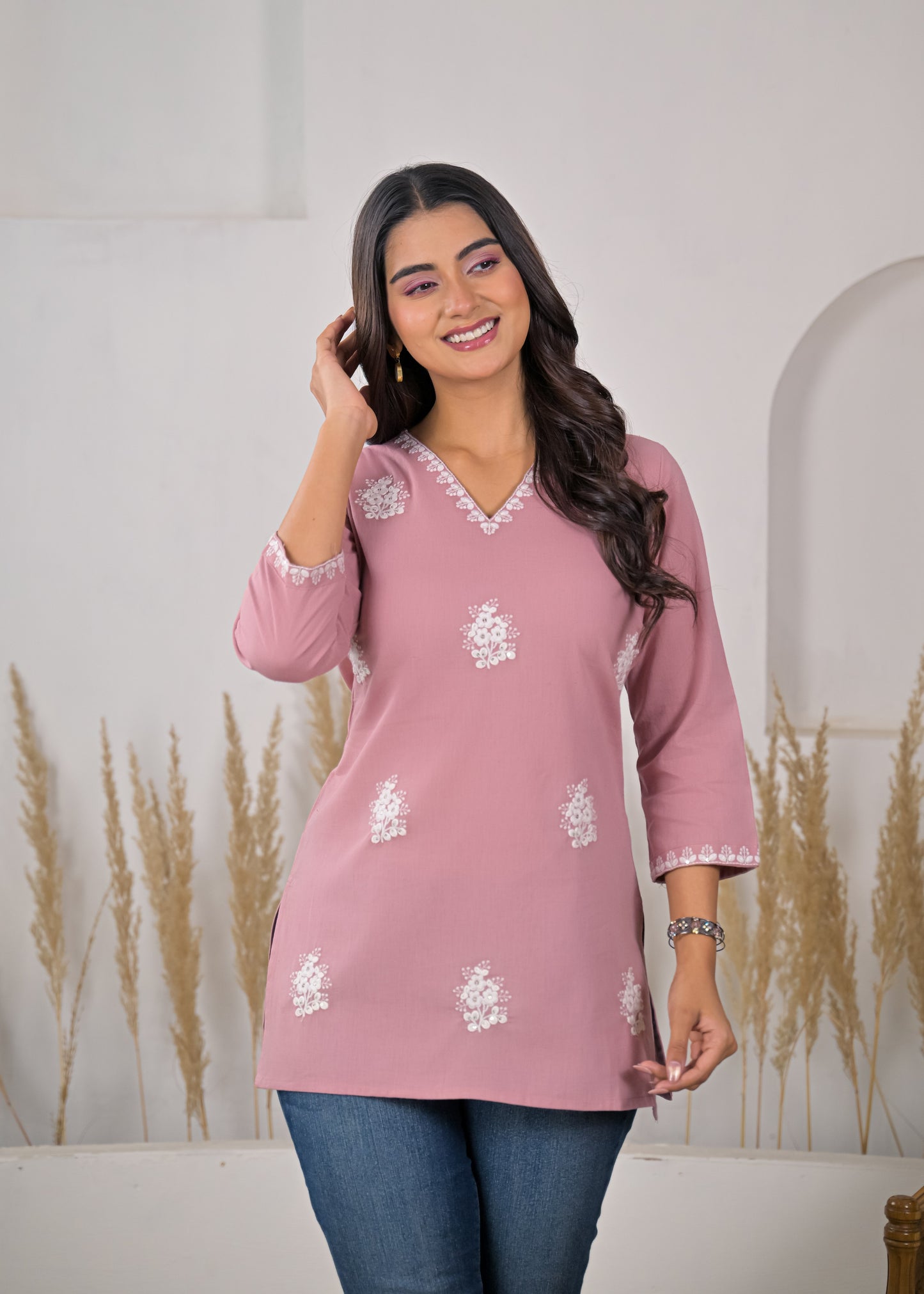 Women's Dusty Pink Floral Embroidered V-Neck Short Kurti