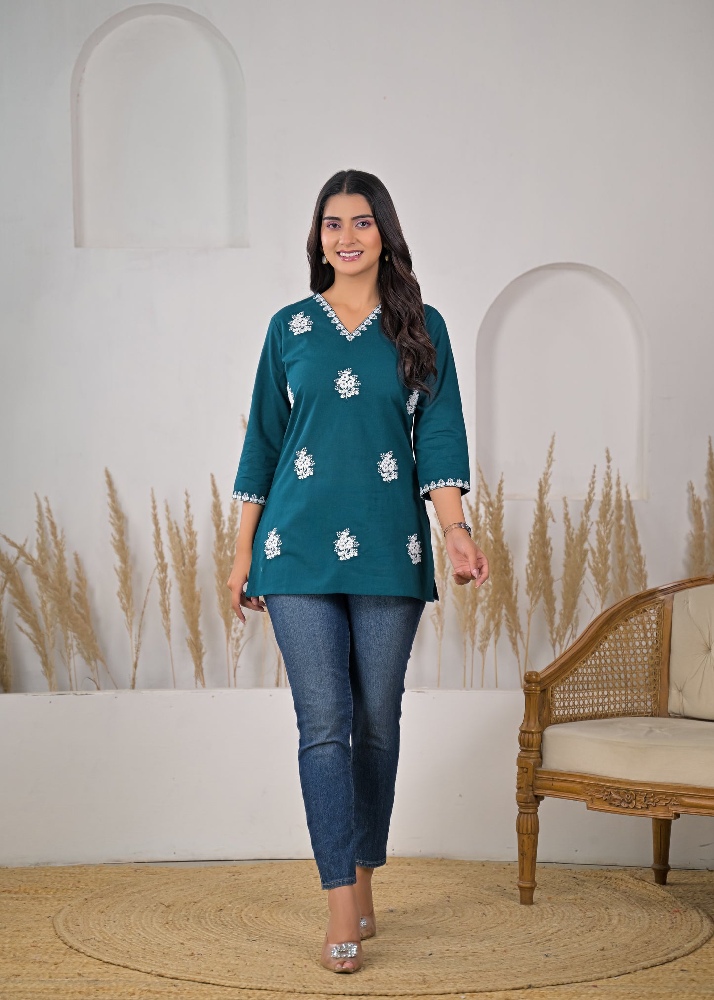 Women's Rama Embroidered V-Neck Cotton Short Kurti