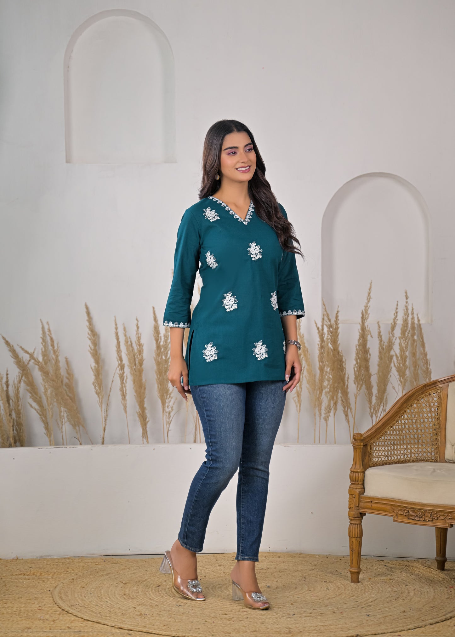 Women's Rama Embroidered V-Neck Cotton Short Kurti