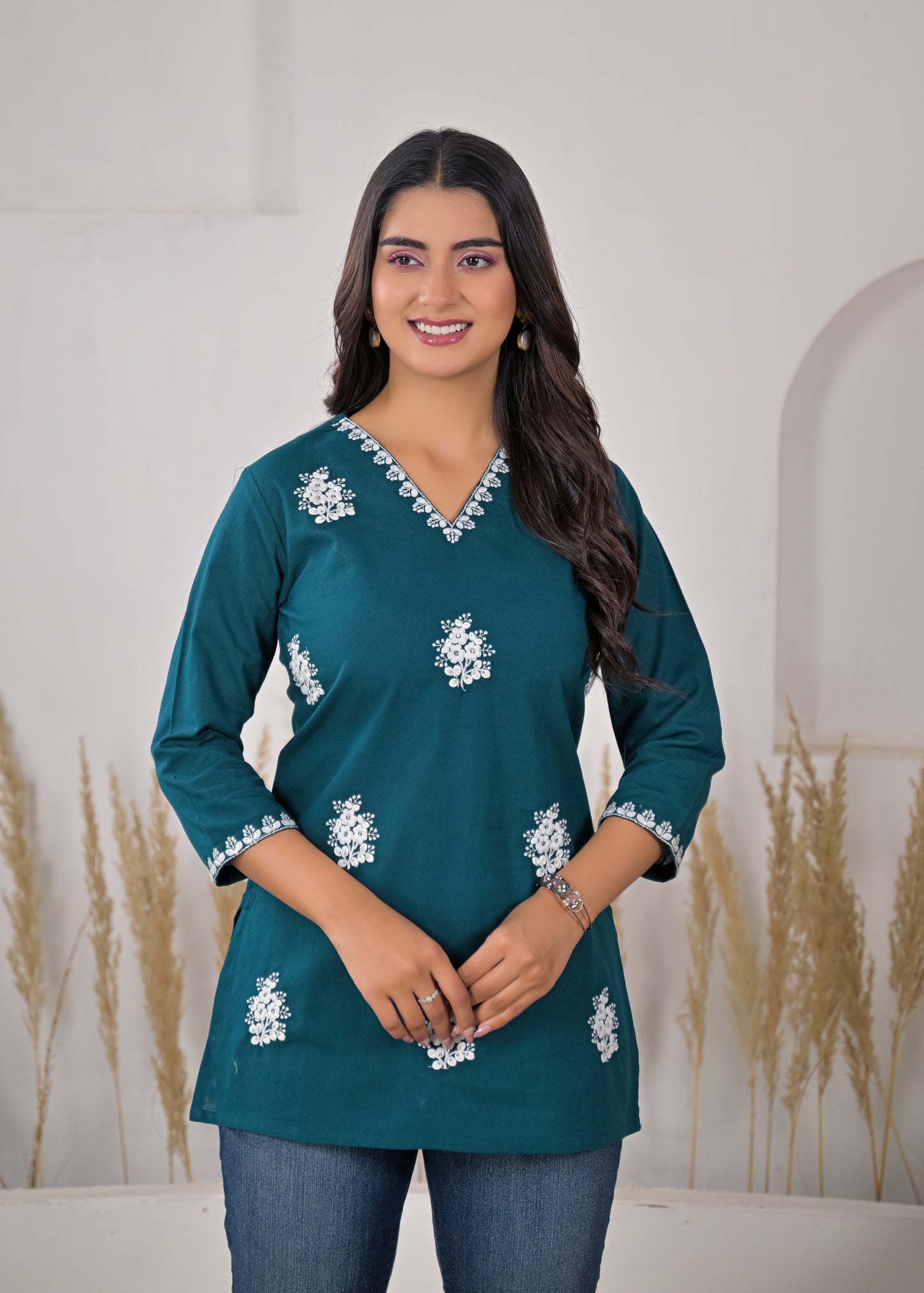 Women's Rama Embroidered V-Neck Cotton Short Kurti