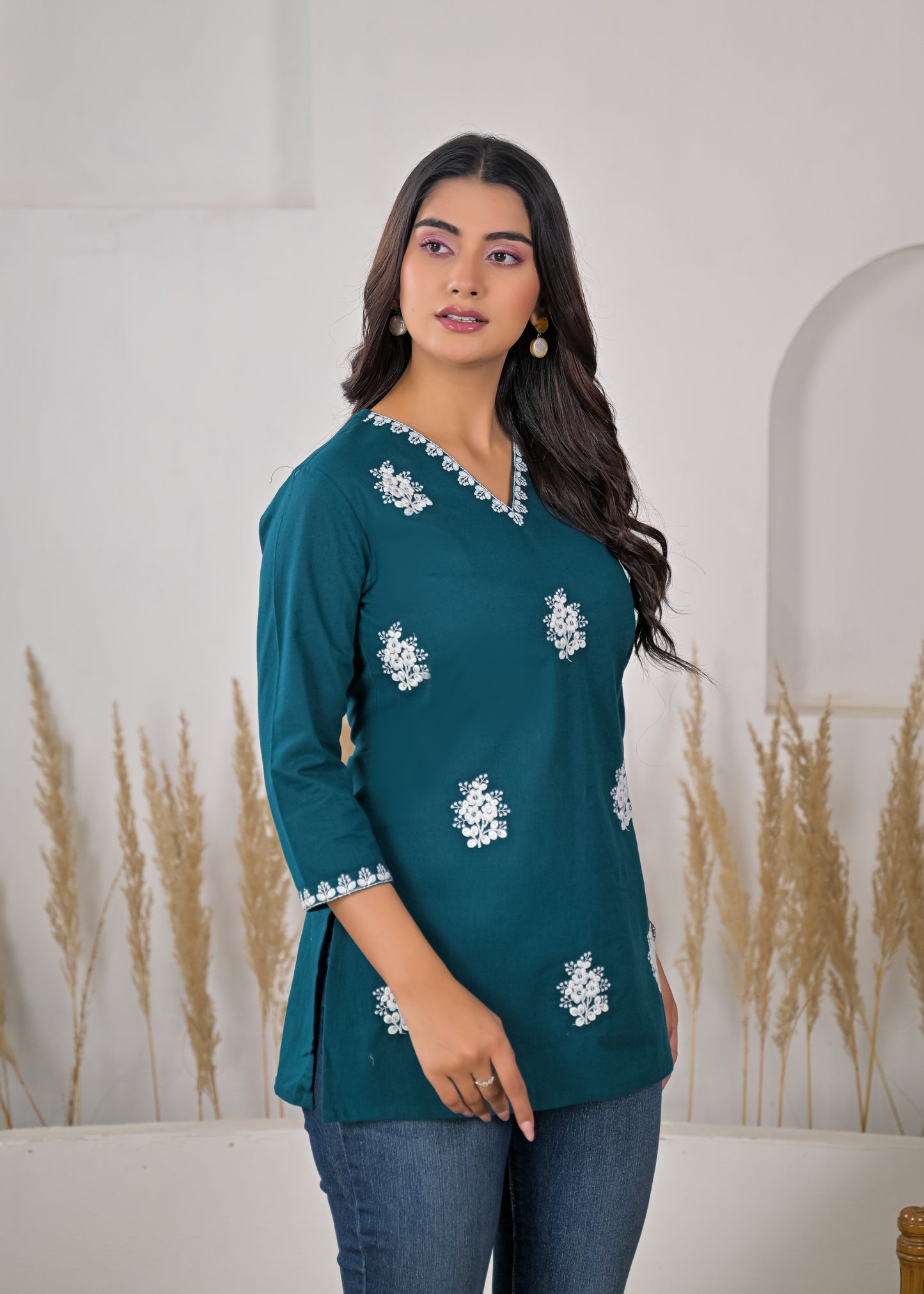 Women's Rama Embroidered V-Neck Cotton Short Kurti