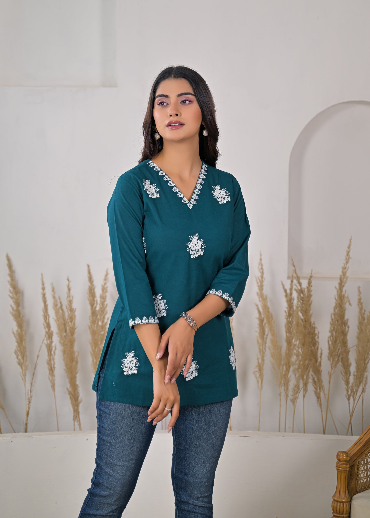 Women's Rama Embroidered V-Neck Cotton Short Kurti
