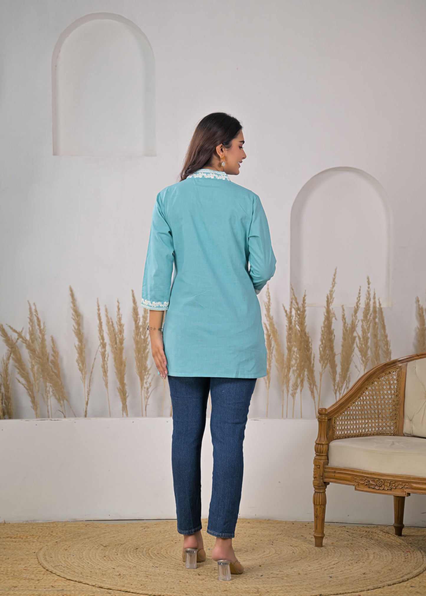 Women's Sky Blue V-Neck Lace Detail Cotton Short Kurti