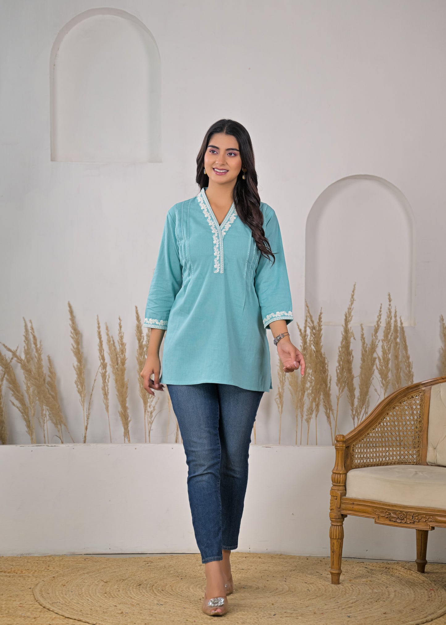 Women's Sky Blue V-Neck Lace Detail Cotton Short Kurti