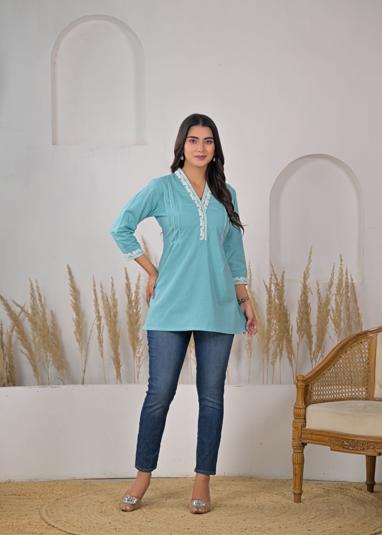 Women's Sky Blue V-Neck Lace Detail Cotton Short Kurti