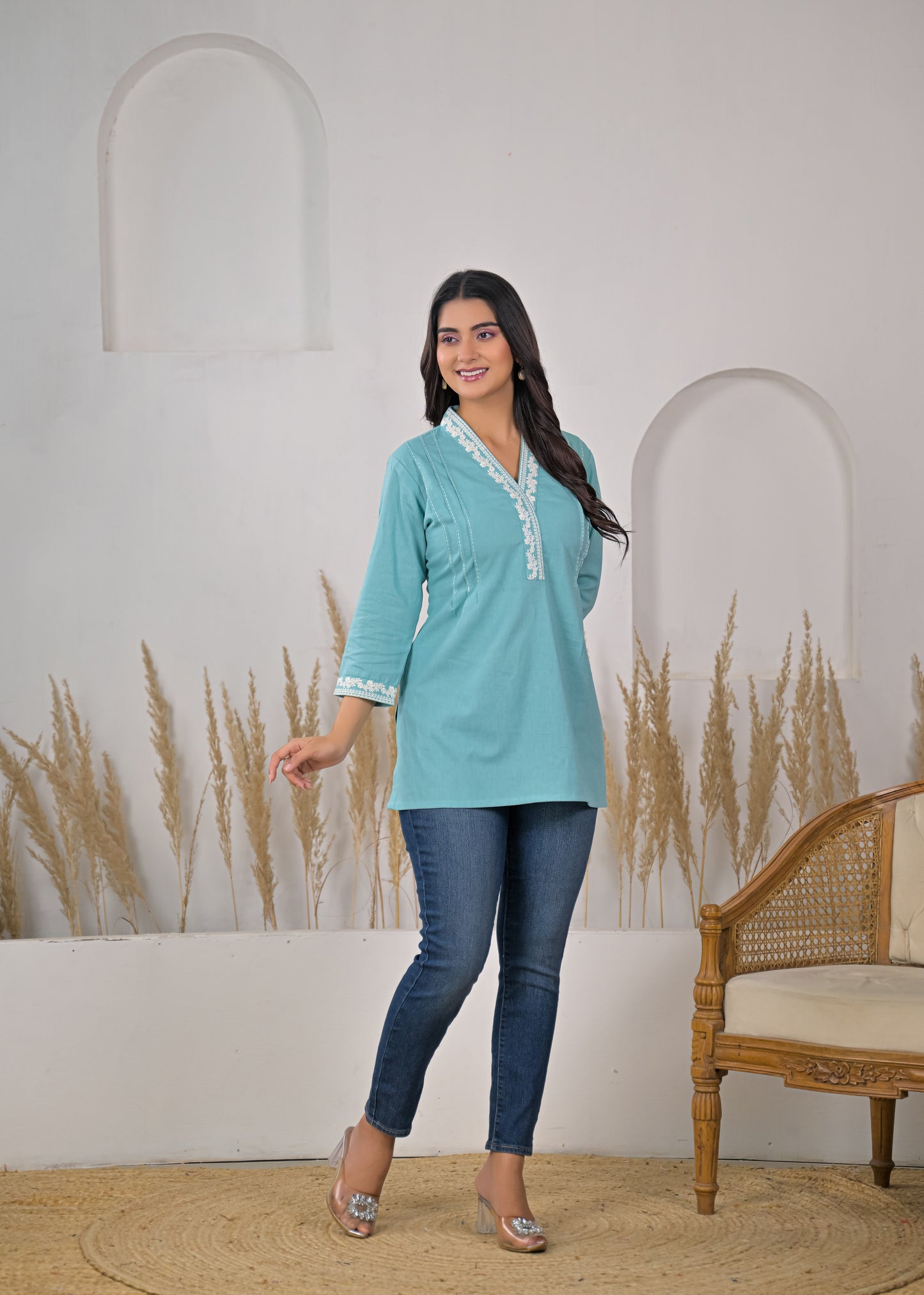 Women's Sky Blue V-Neck Lace Detail Cotton Short Kurti