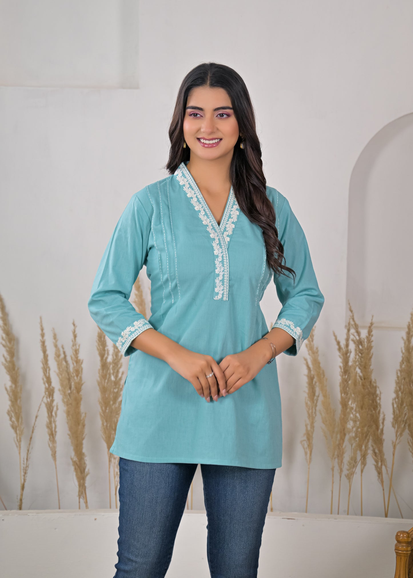 Women's Sky Blue V-Neck Lace Detail Cotton Short Kurti