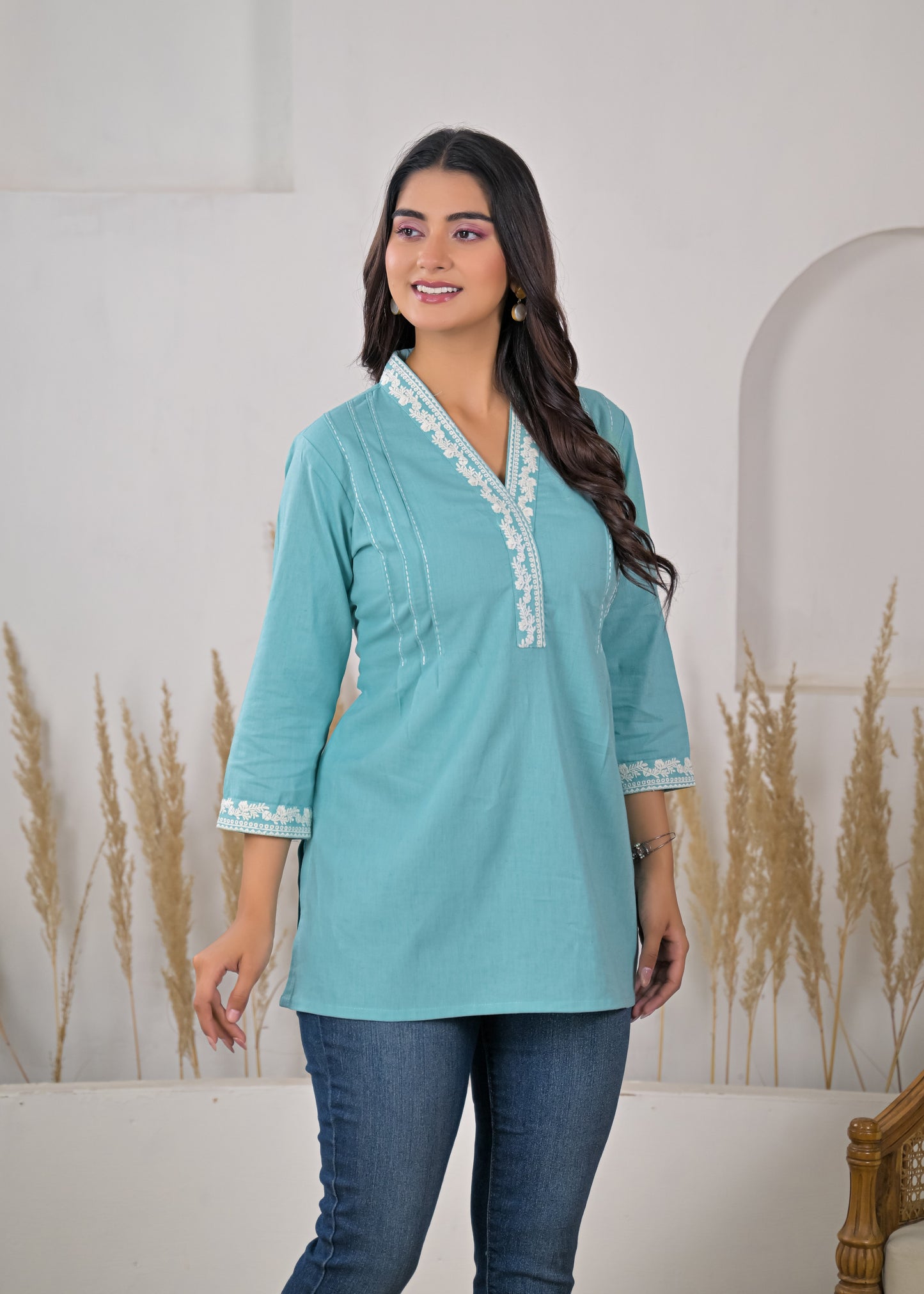 Women's Sky Blue V-Neck Lace Detail Cotton Short Kurti
