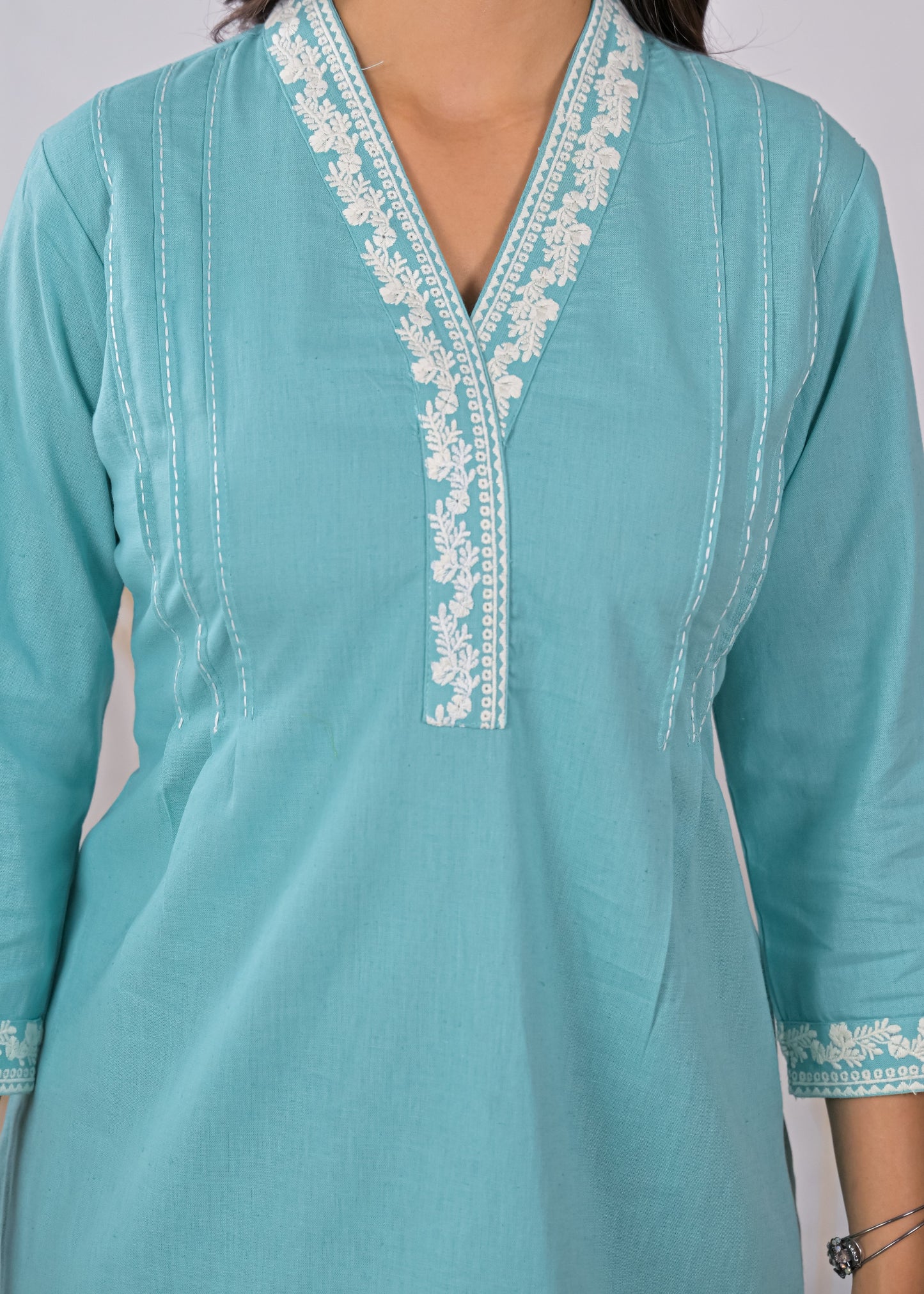 Women's Sky Blue V-Neck Lace Detail Cotton Short Kurti