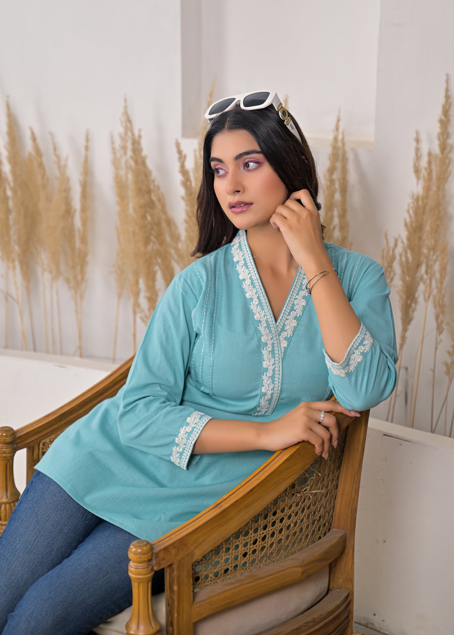 Women's Sky Blue V-Neck Lace Detail Cotton Short Kurti