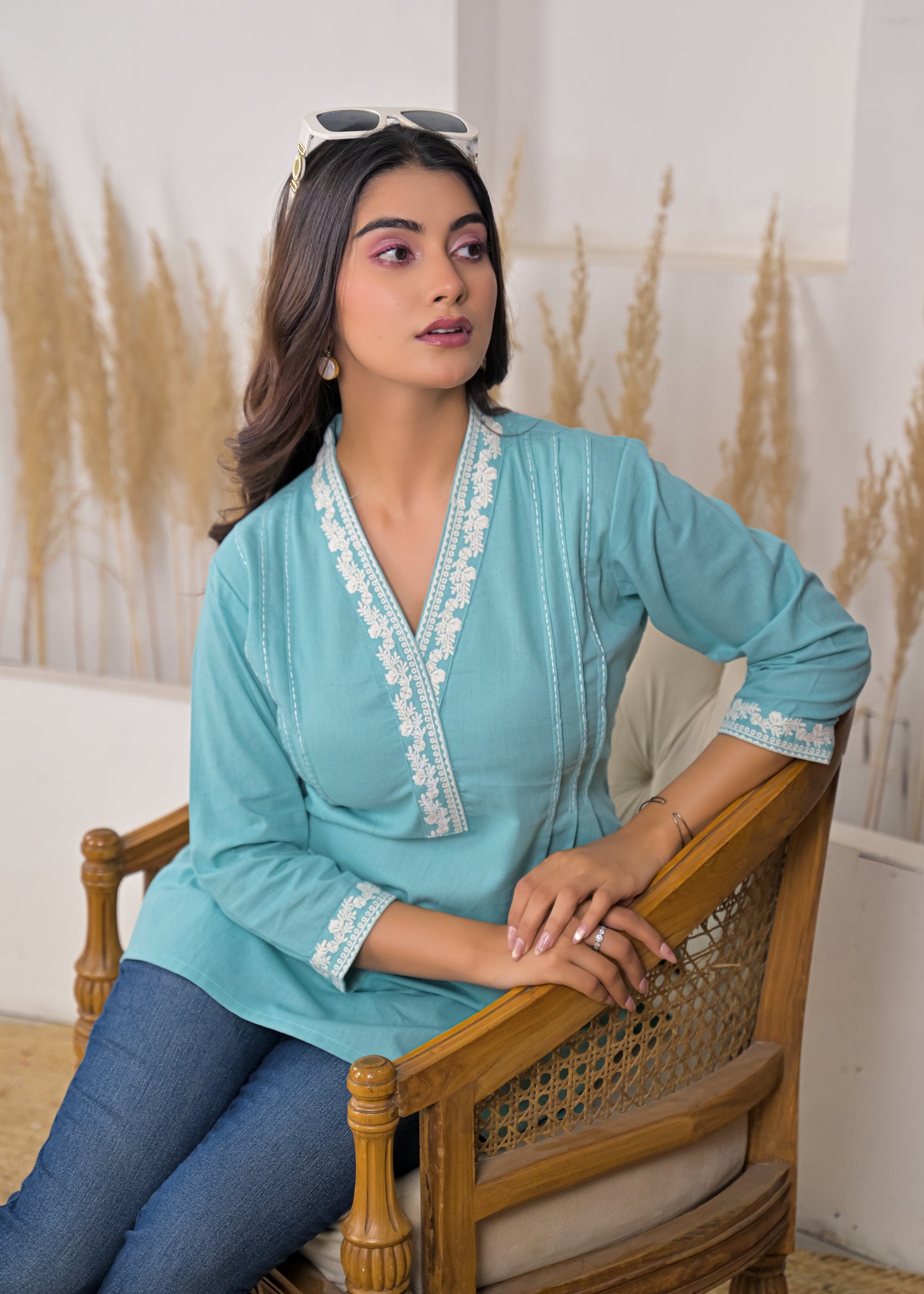 Women's Sky Blue V-Neck Lace Detail Cotton Short Kurti
