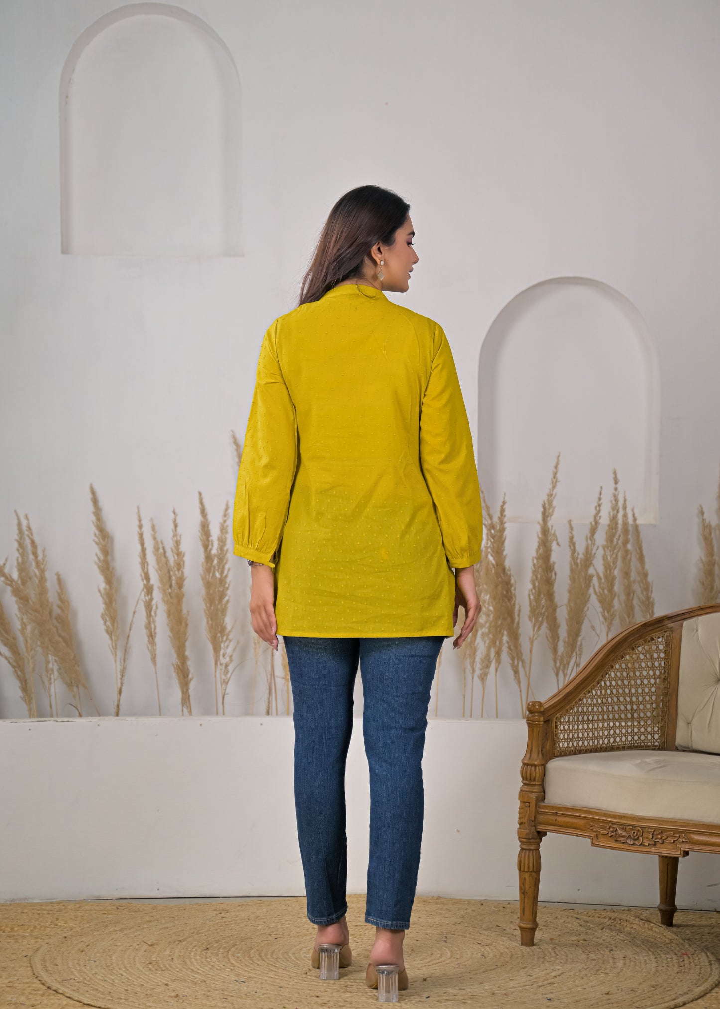 Women's Mustard Yellow Cotton Short Kurti with Tassel Detail