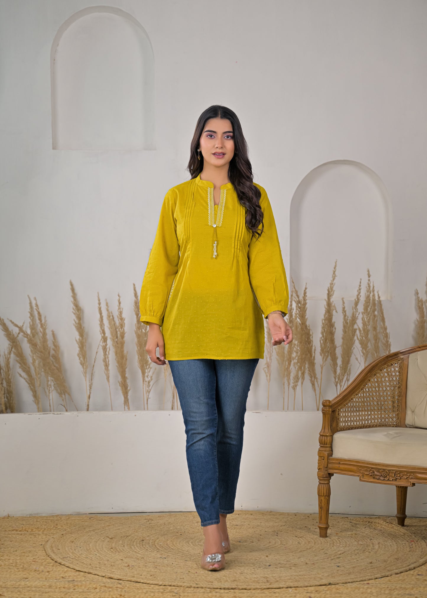 Women's Mustard Yellow Cotton Short Kurti with Tassel Detail