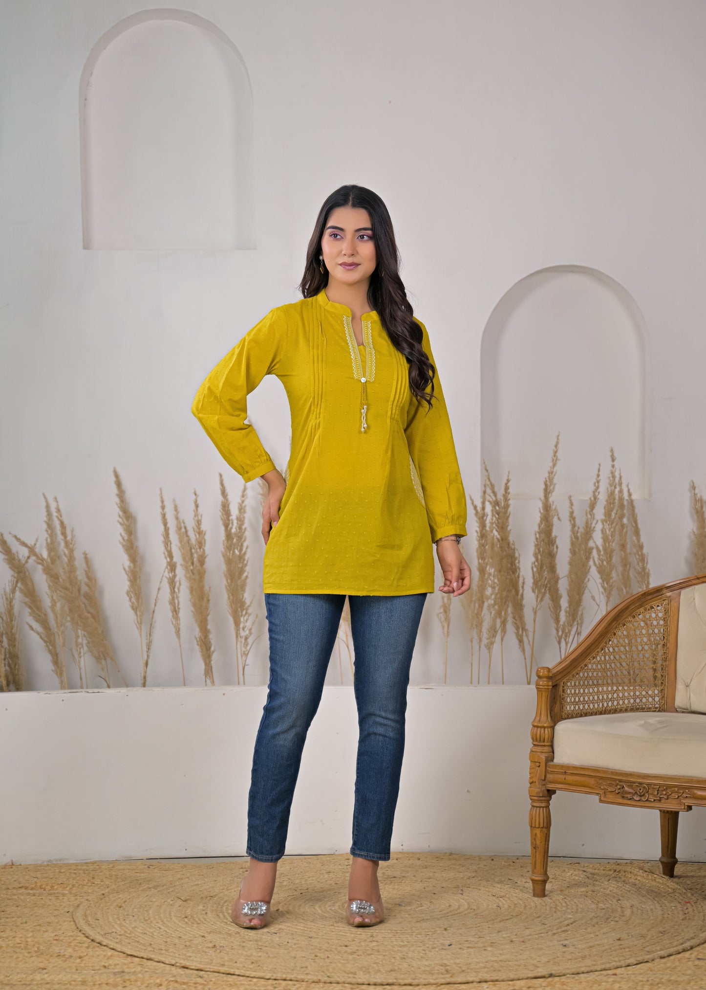 Women's Mustard Yellow Cotton Short Kurti with Tassel Detail