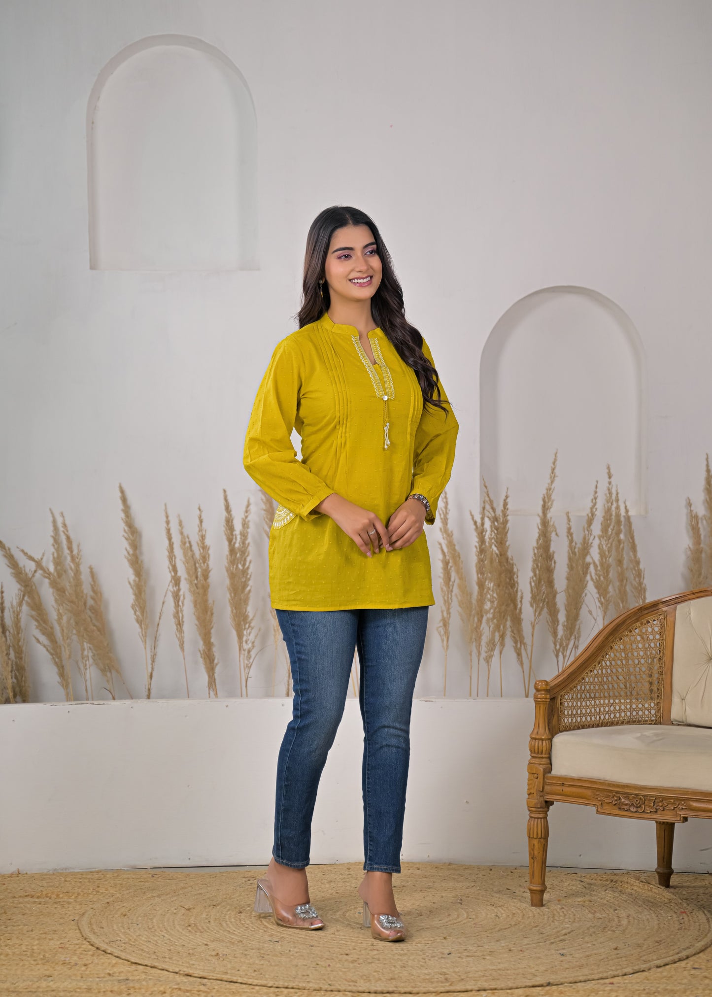 Women's Mustard Yellow Cotton Short Kurti with Tassel Detail