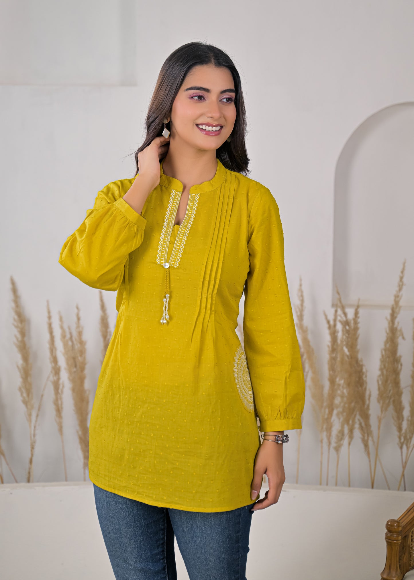 Women's Mustard Yellow Cotton Short Kurti with Tassel Detail