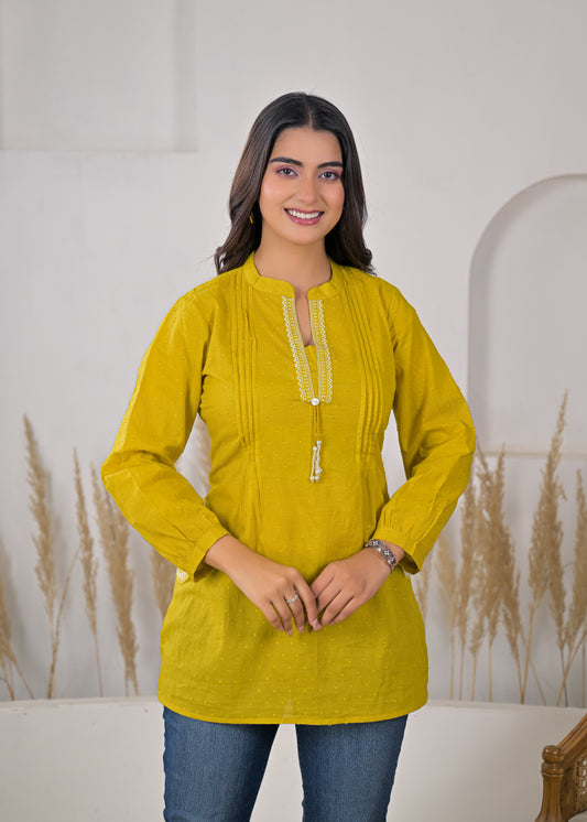 Women's Mustard Yellow Cotton Short Kurti with Tassel Detail