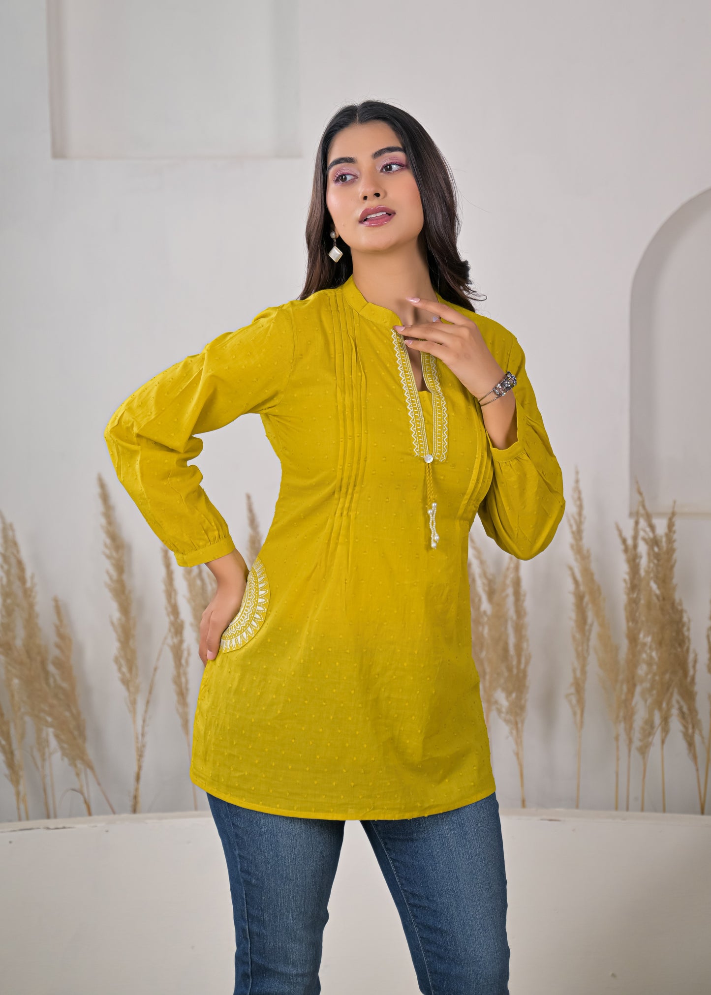 Women's Mustard Yellow Cotton Short Kurti with Tassel Detail