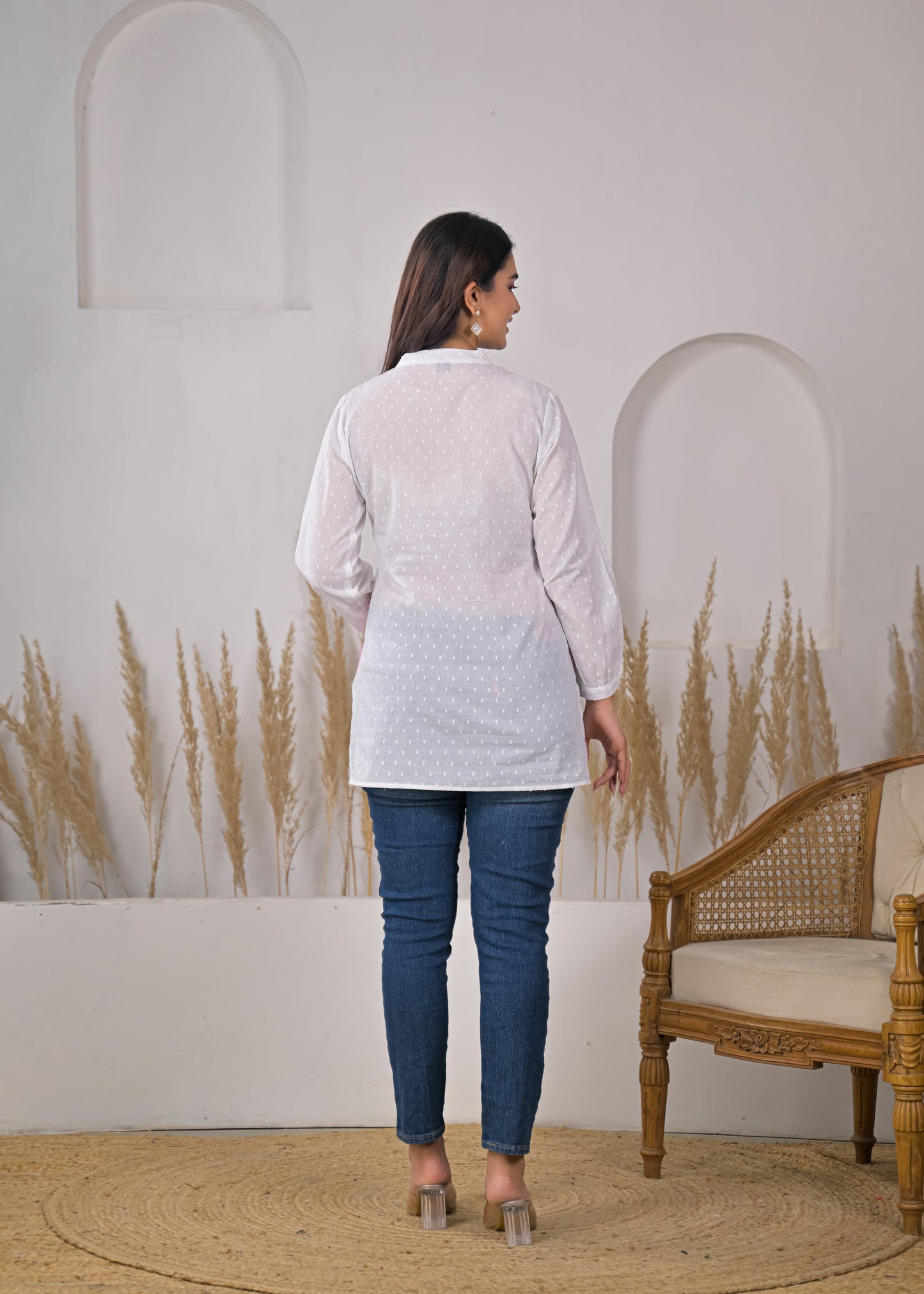 Women's White Cotton Short Kurti with Pink Embroidered Yoke