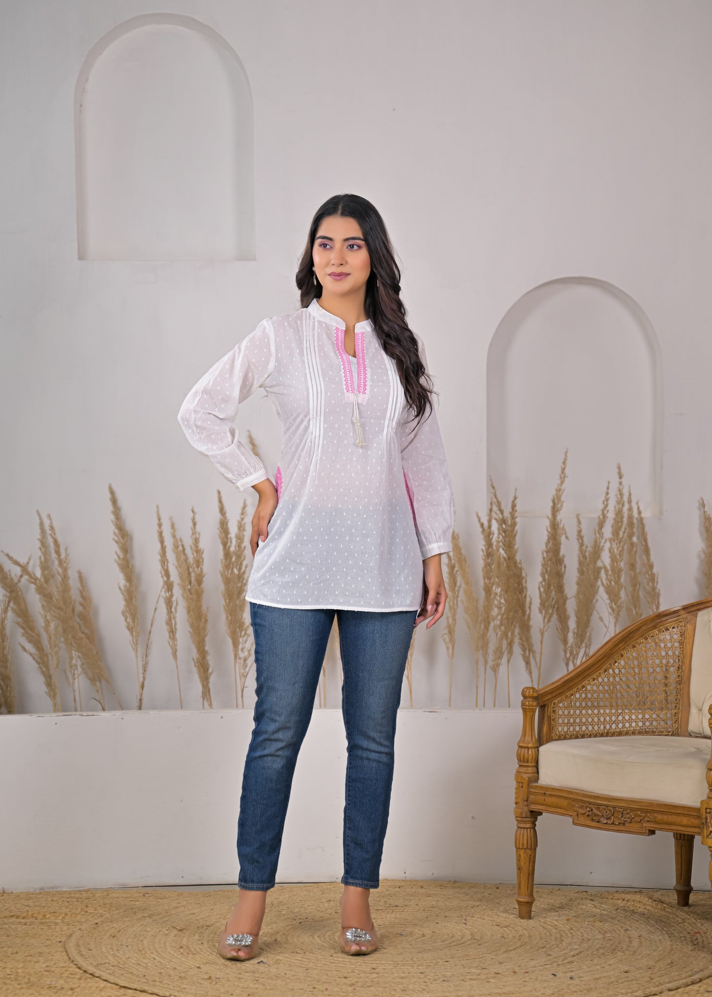 Women's White Cotton Short Kurti with Pink Embroidered Yoke